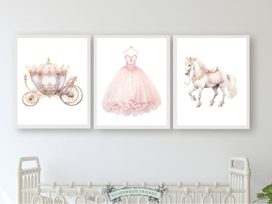 Set of 3 Princess Nursery Prints, featuring a whimsical princess dress, majestic carriage, and gallant horse. Perfect for a princess themed bedroom