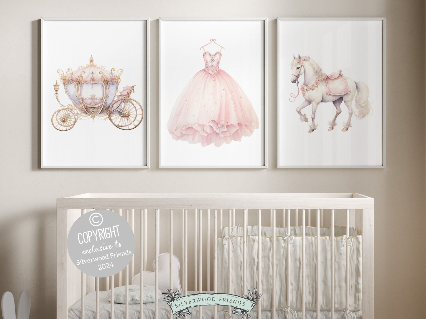 Set of 3 Princess Nursery Prints featuring a whimsical princess dress, majestic carriage, and gallant horse. Perfect for a princess themed bedroom, these prints evoke dreams of graceful twirls adding a touch of magical charm to her space.