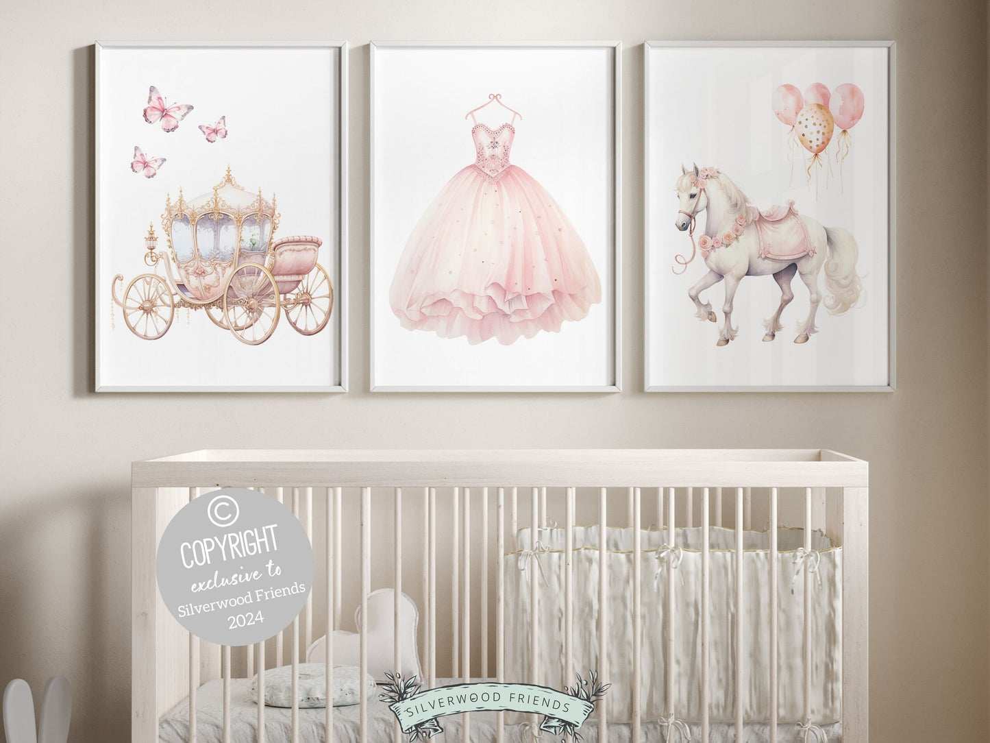 Set of 3 Princess Nursery Prints featuring a whimsical princess dress, majestic carriage with butterflies, gallant horse and balloons. Perfect for a princess themed bedroom adding a touch of magical charm to her space.