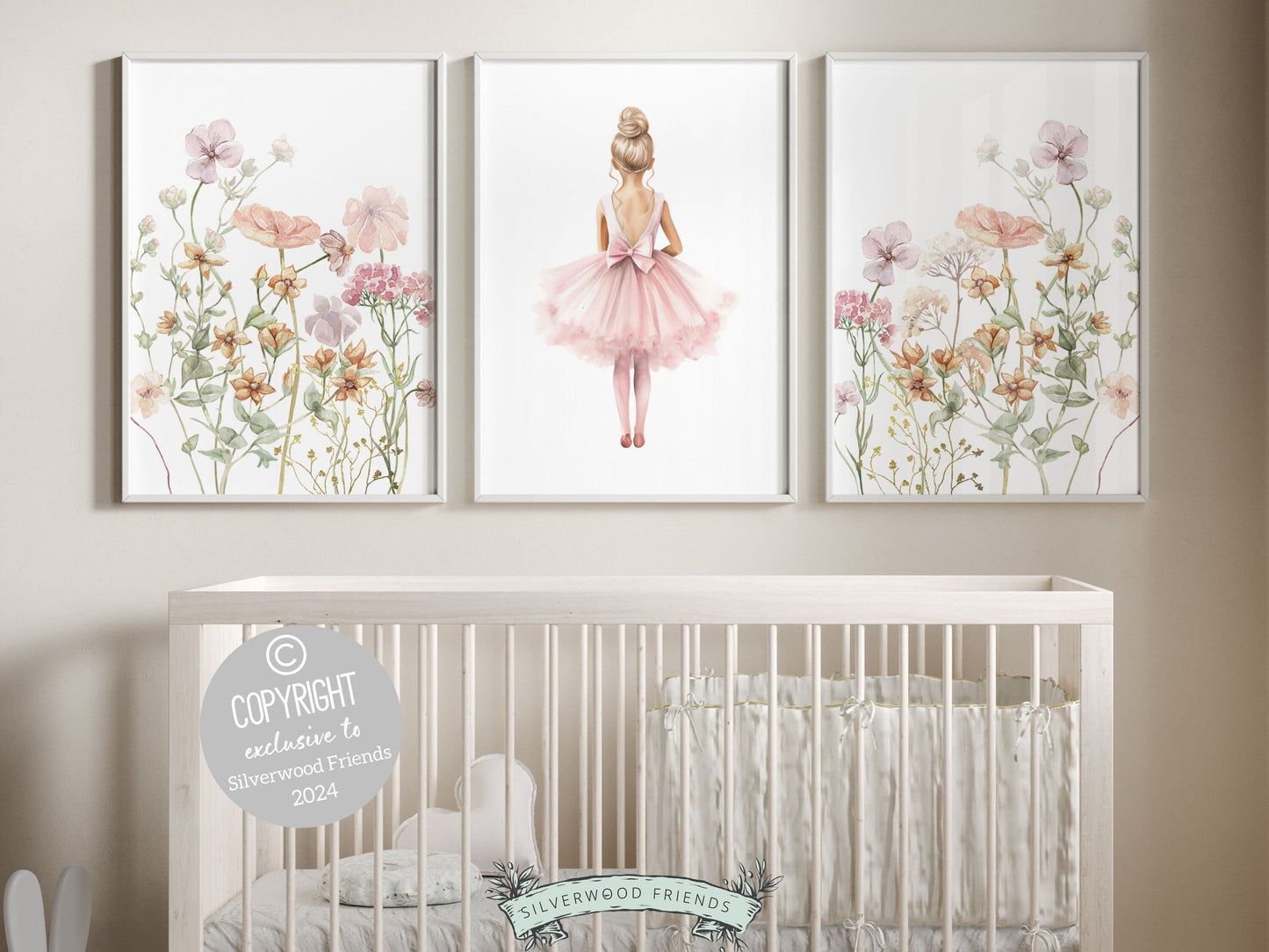 Set of 3 Ballet Wildflower Nursery Prints, showcasing a delicate ballerina and enchanting wildflowers. These prints bring a touch of grace to her room, blending ballet charm with the beauty of nature to inspire whimsical dreams.