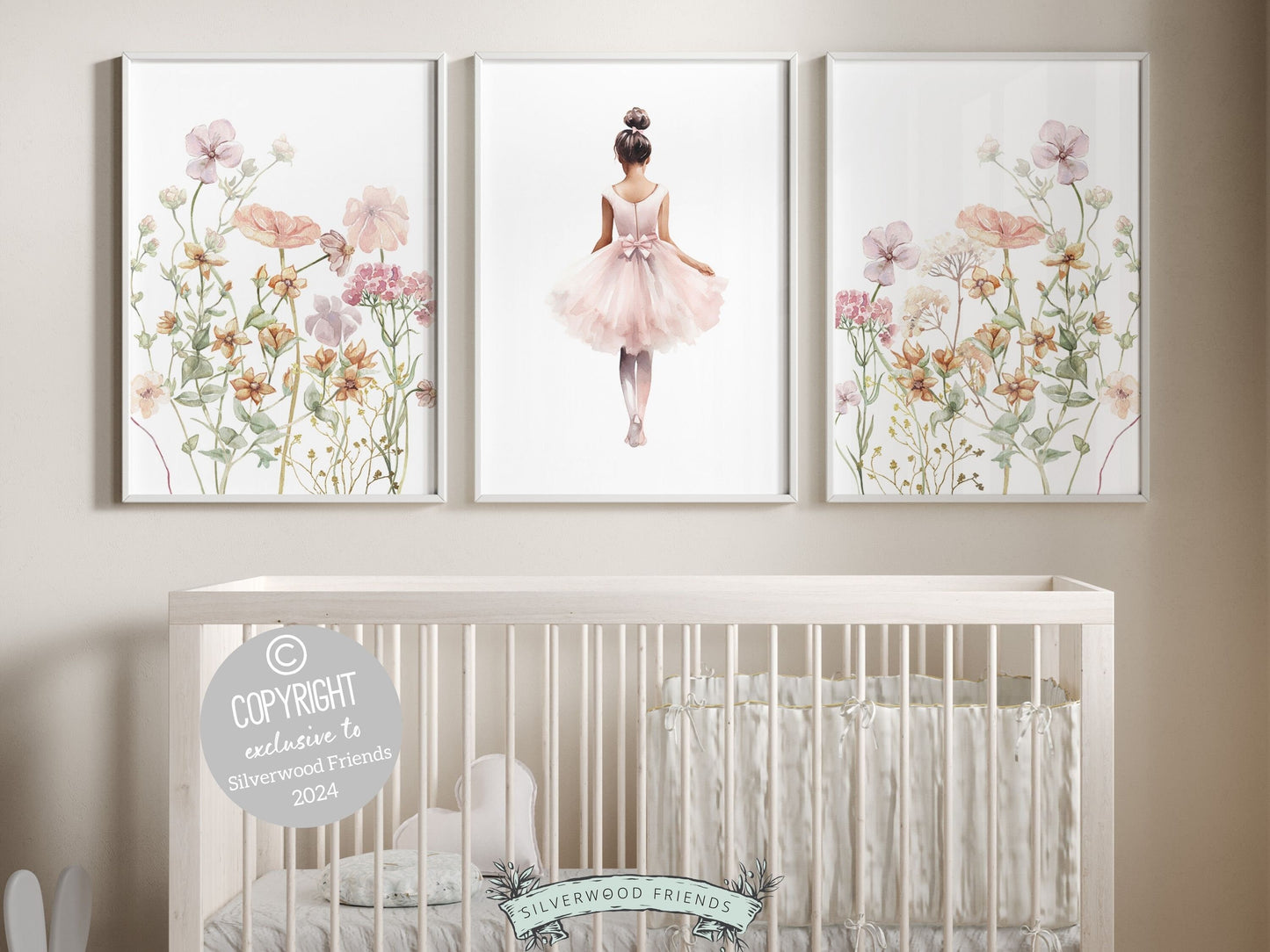 Set of 3 Ballet Wildflower Nursery Prints, showcasing a delicate ballerina and enchanting wildflowers. These prints bring a touch of grace to her room, blending ballet charm with the beauty of nature to inspire whimsical dreams.