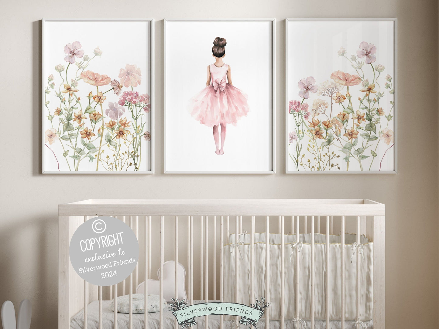 Set of 3 Ballet Wildflower Nursery Prints, showcasing a delicate ballerina and enchanting wildflowers. These prints bring a touch of grace to her room, blending ballet charm with the beauty of nature to inspire whimsical dreams.
