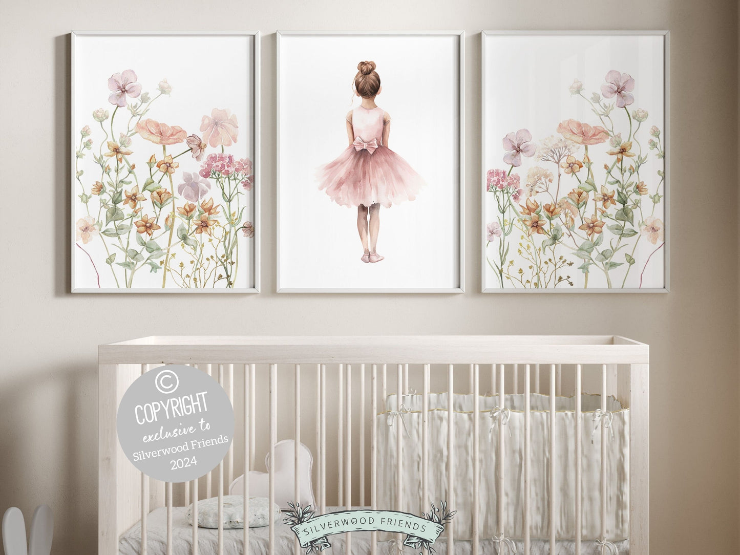 Set of 3 Ballet Wildflower Nursery Prints, showcasing a delicate ballerina and enchanting wildflowers. These prints bring a touch of grace to her room, blending ballet charm with the beauty of nature to inspire whimsical dreams.