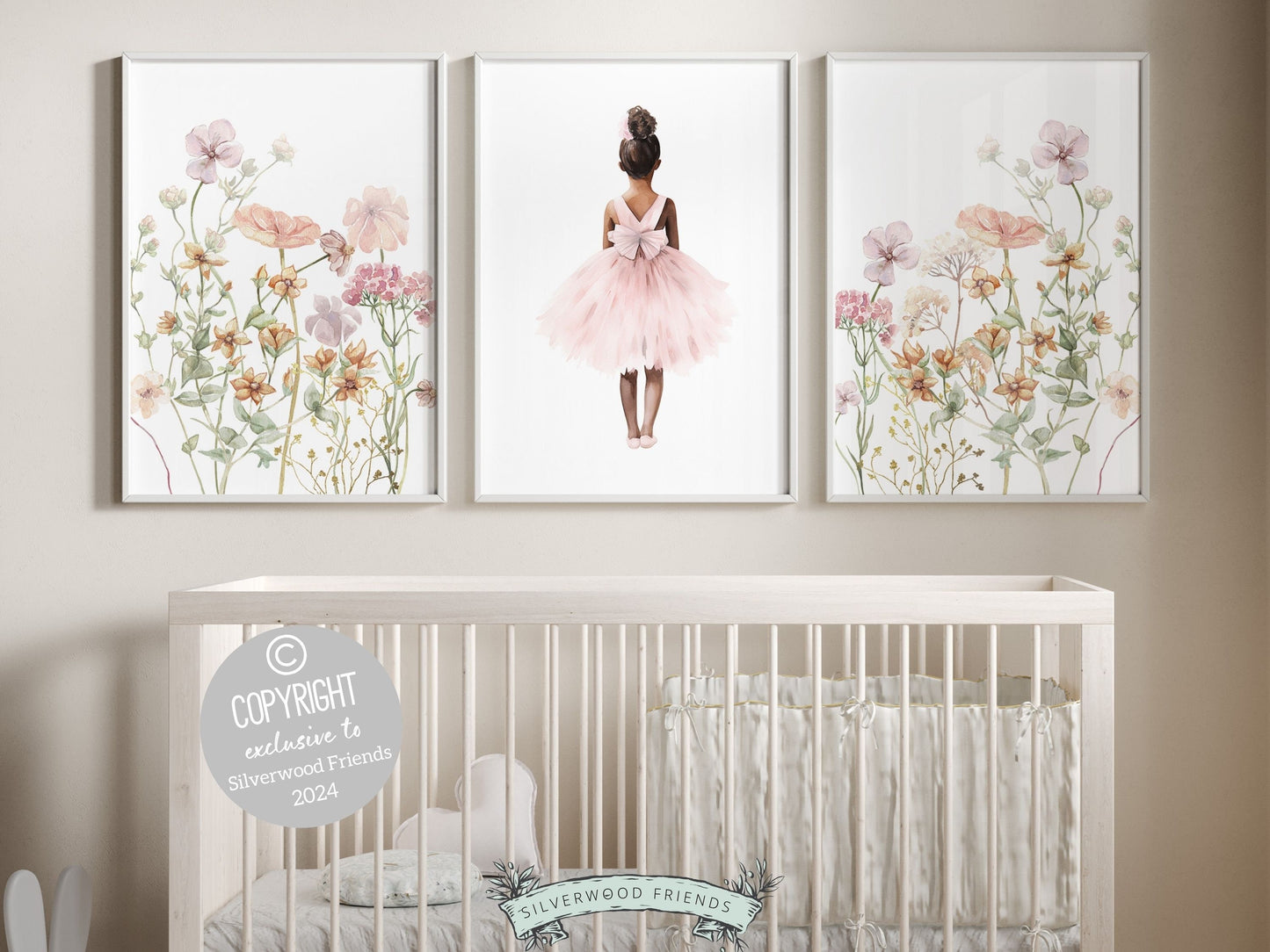 Set of 3 Ballet Wildflower Nursery Prints, showcasing a delicate ballerina and enchanting wildflowers. These prints bring a touch of grace to her room, blending ballet charm with the beauty of nature to inspire whimsical dreams.