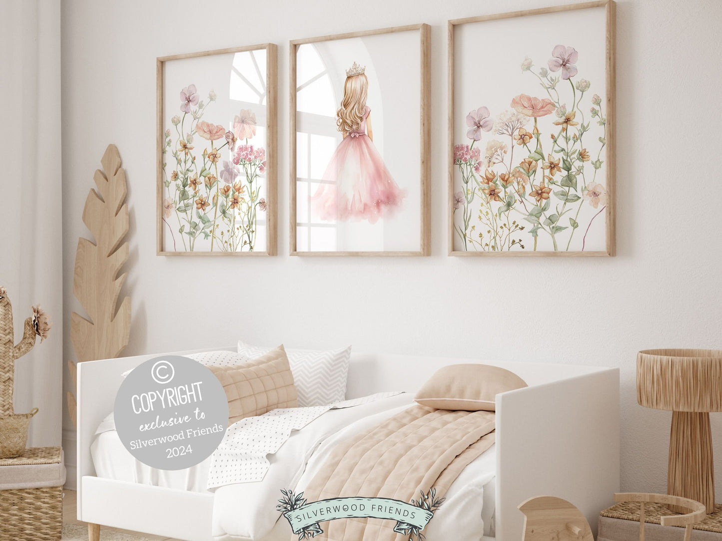 Set of 3 Princess Wildflower Nursery Prints, featuring a delicate princess and enchanting wildflowers. These prints add a touch of fairy tale charm to her space, igniting whimsical dreams with every glance. The perfect princess baby shower gift.