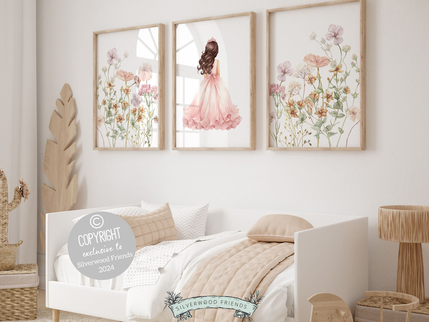 Set of 3 Princess Wildflower Nursery Prints, featuring a delicate princess and enchanting wildflowers. These prints add a touch of fairy tale charm to her space, igniting whimsical dreams with every glance. Perfect as a princess baby shower gift.