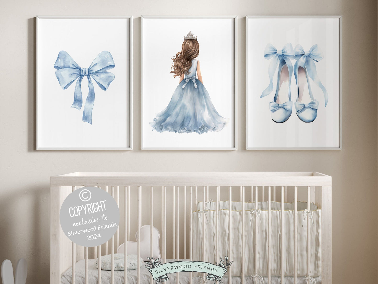 Set of 3 Princess Ballet Nursery Prints showcasing a whimsical princess ballerina, delicate bow, and dainty ballet slippers. Infuse her space with a sprinkle of fairy tale magic, perfect for a ballet inspired nursery or a princess themed bedroom.