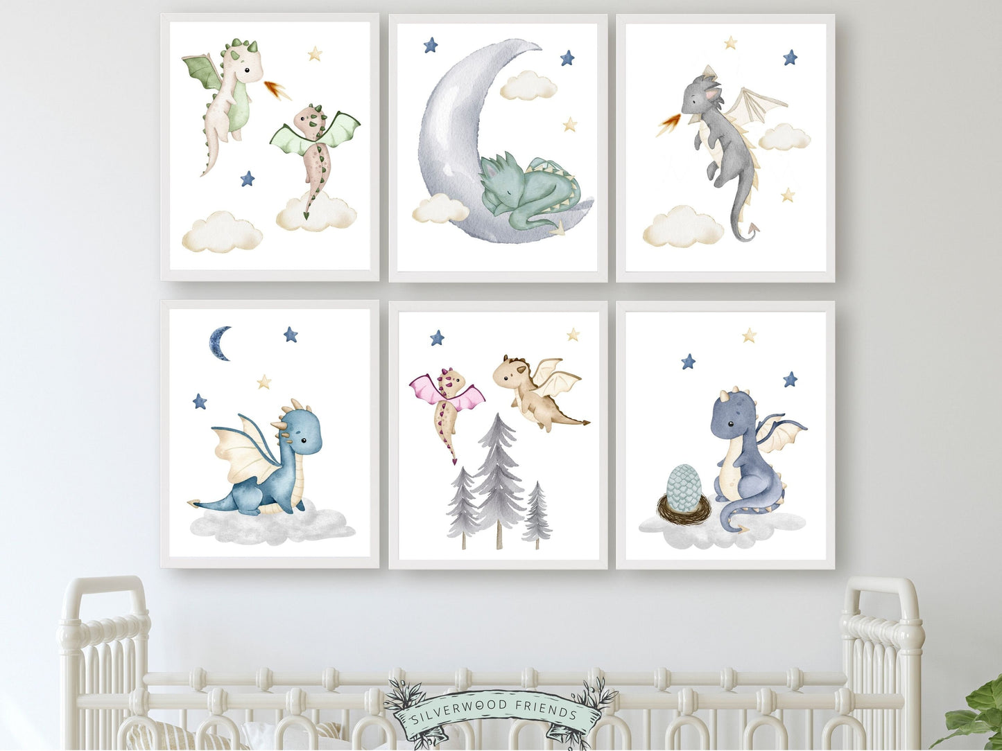 Set of 6 Baby Dragon Nursery Prints featuring watercolor baby dragons in a gender neutral color palette, will create a calm and cosy atmosphere. Perfect for your dragon nursery decor and also makes a thoughtful gender neutral dragon baby shower gift.