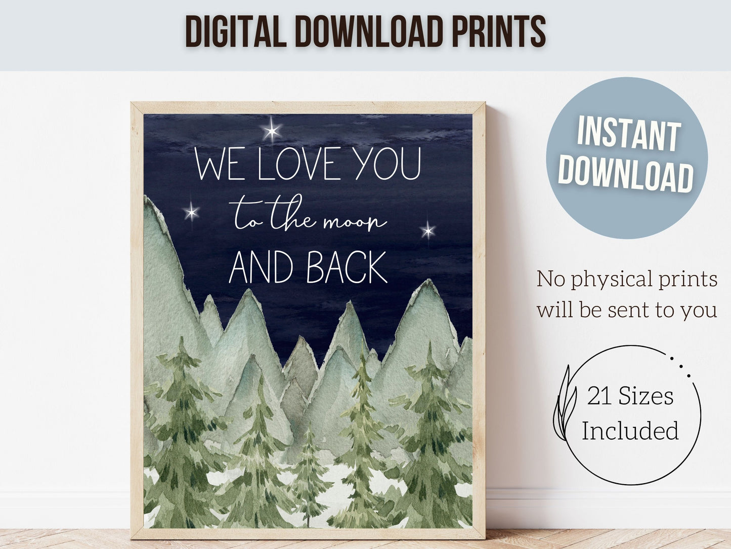 Bear Nursery Prints, Night Sky Moon Nursery Decor, Woodland Forest Nursery Decor, Unisex Newborn Gift, Love You To The Moon Digital Prints