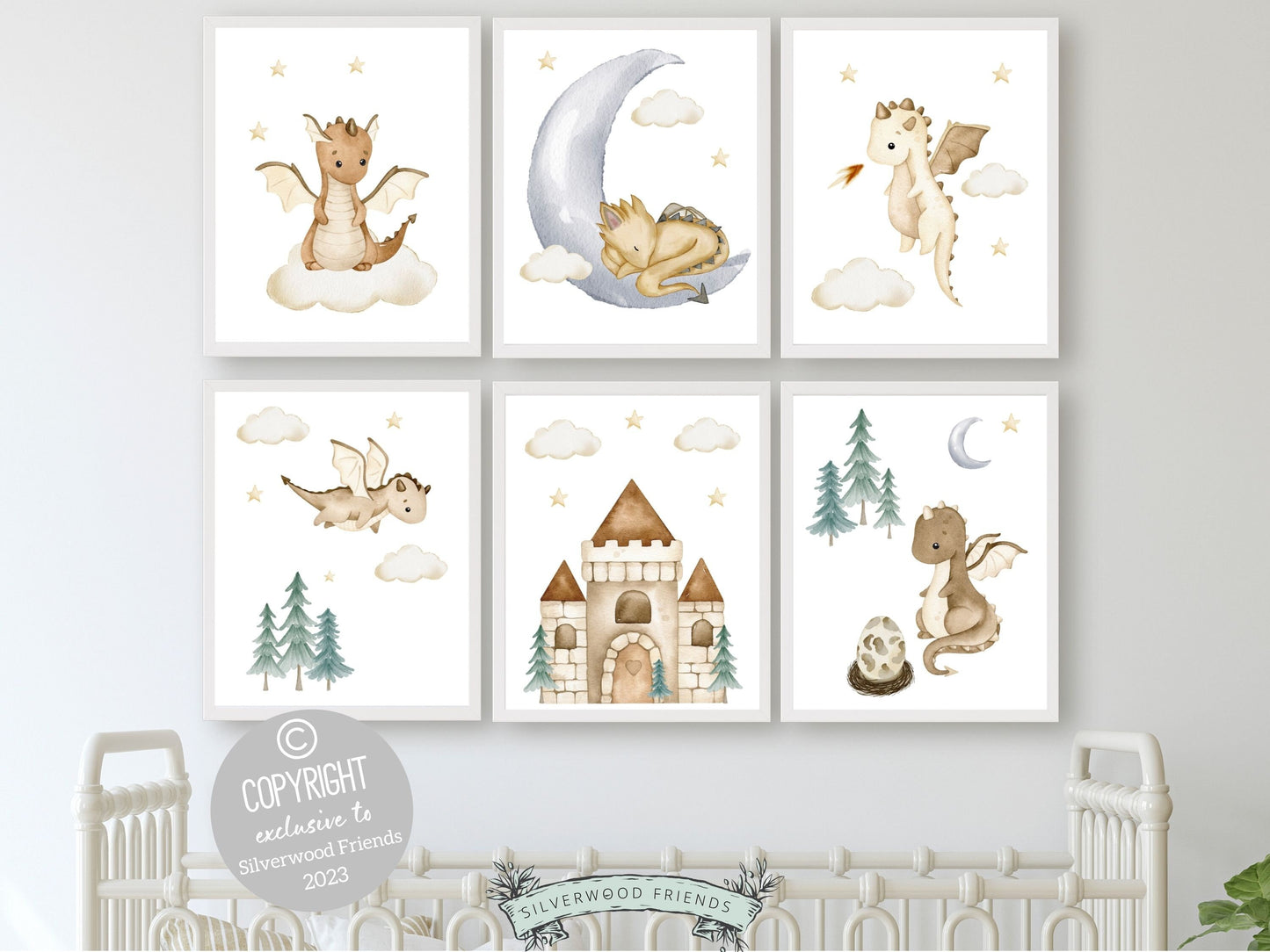 Set of 6 Baby Dragon Nursery Prints featuring beige watercolor baby dragons perfect for your dragon nursery decor or fantasy theme bedroom and also makes a thoughtful dragon baby shower gift.