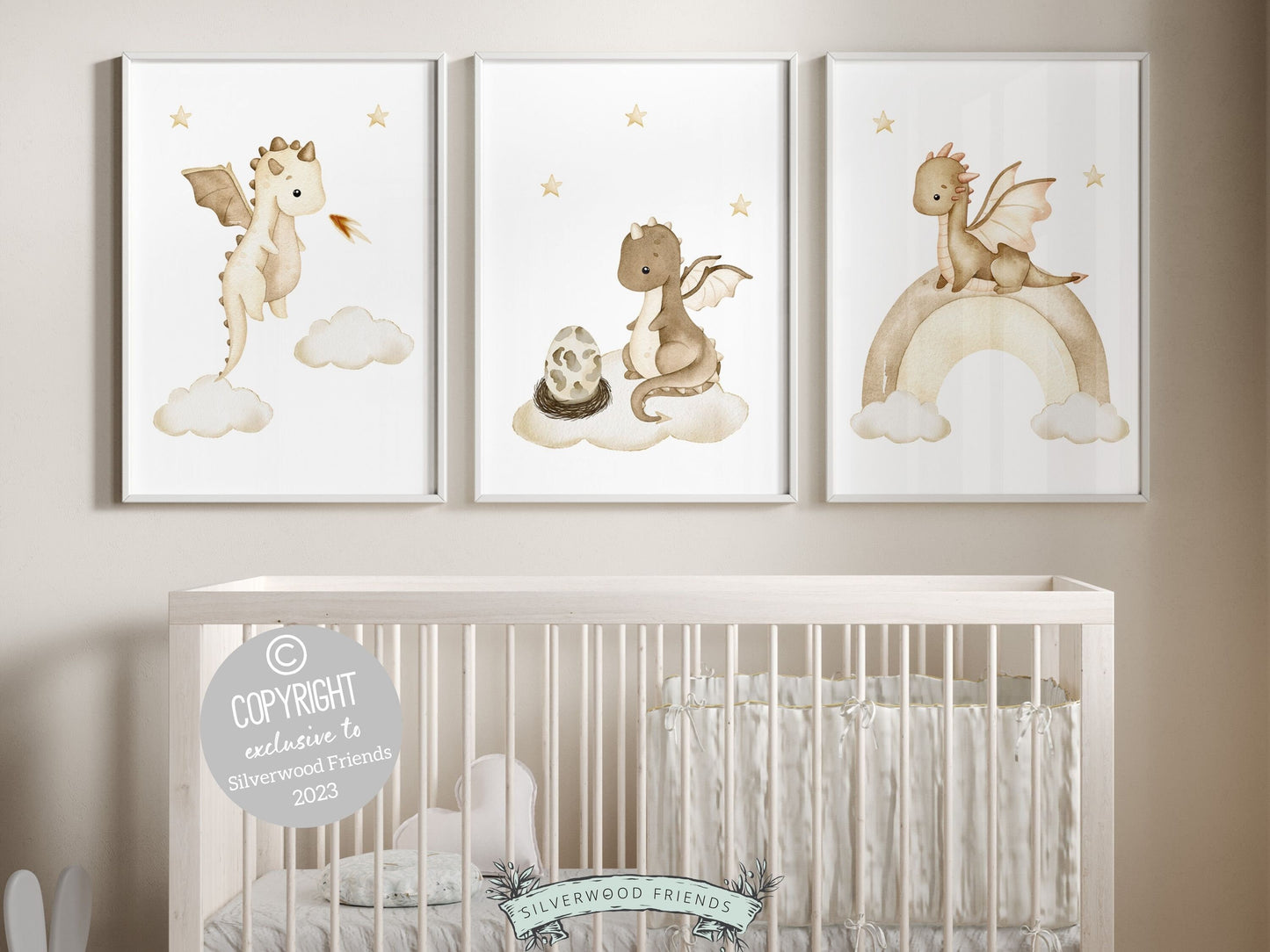 Set of 3 Baby Dragon Nursery Prints featuring beige watercolor baby dragons perfect for your dragon nursery decor or kids fantasy theme room and also makes a unique dragon baby shower gift.