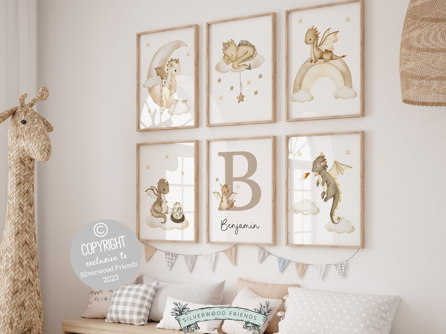Custom Baby Dragon Nursery Name Prints Set of 6 with beige watercolor dragons, clouds, moon and rainbow, is perfect for your dragon nursery decor or fantasy theme nursery and also makes a unique gender neutral baby shower gift.