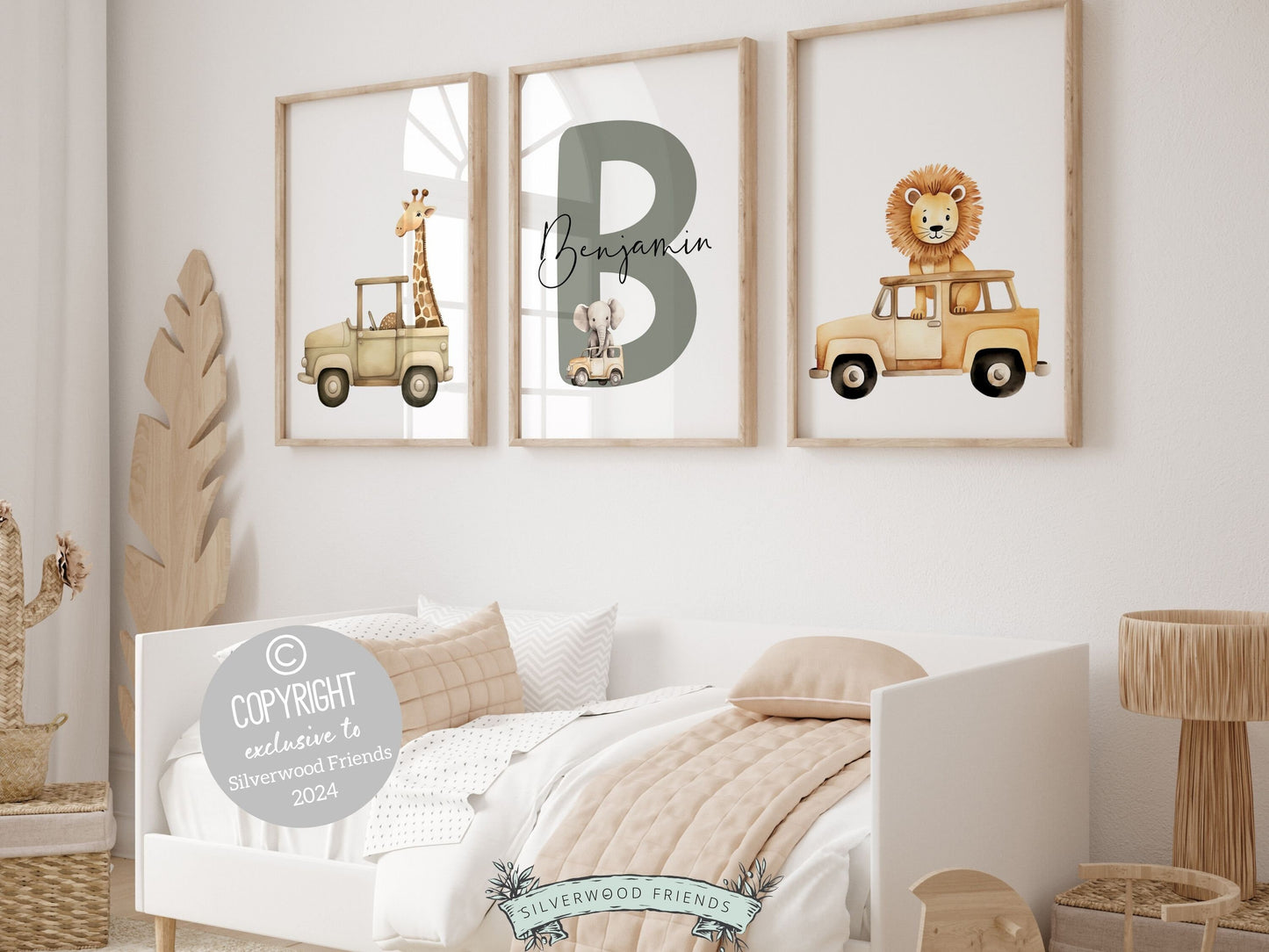 Safari Animal Nursery Name Prints, showcasing safari animals driving cars. These delightful prints are perfect for your safari nursery decor or transport theme nursery, and also make a lovely safari baby shower gift.