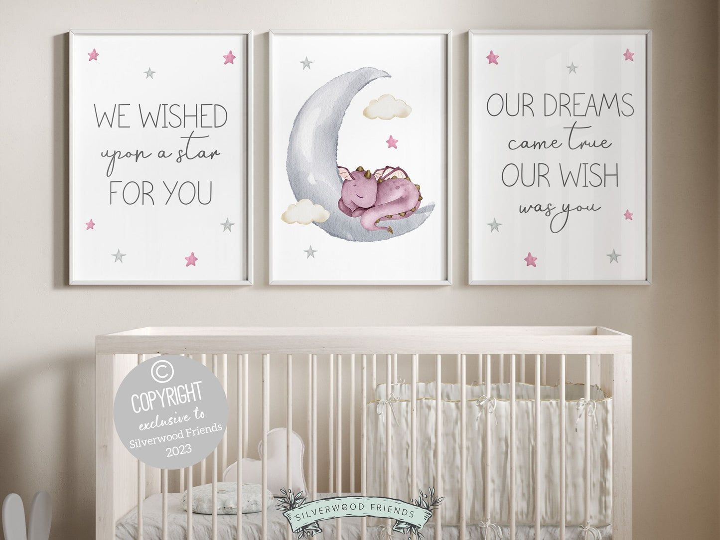 Transform your baby girls nursery decor into a harmonious and dreamy sanctuary with our Set of 3 Baby Dragon Nursery Prints. Perfect for your baby girls fantasy nursery decor or as a unique baby girl dragon baby shower gift.