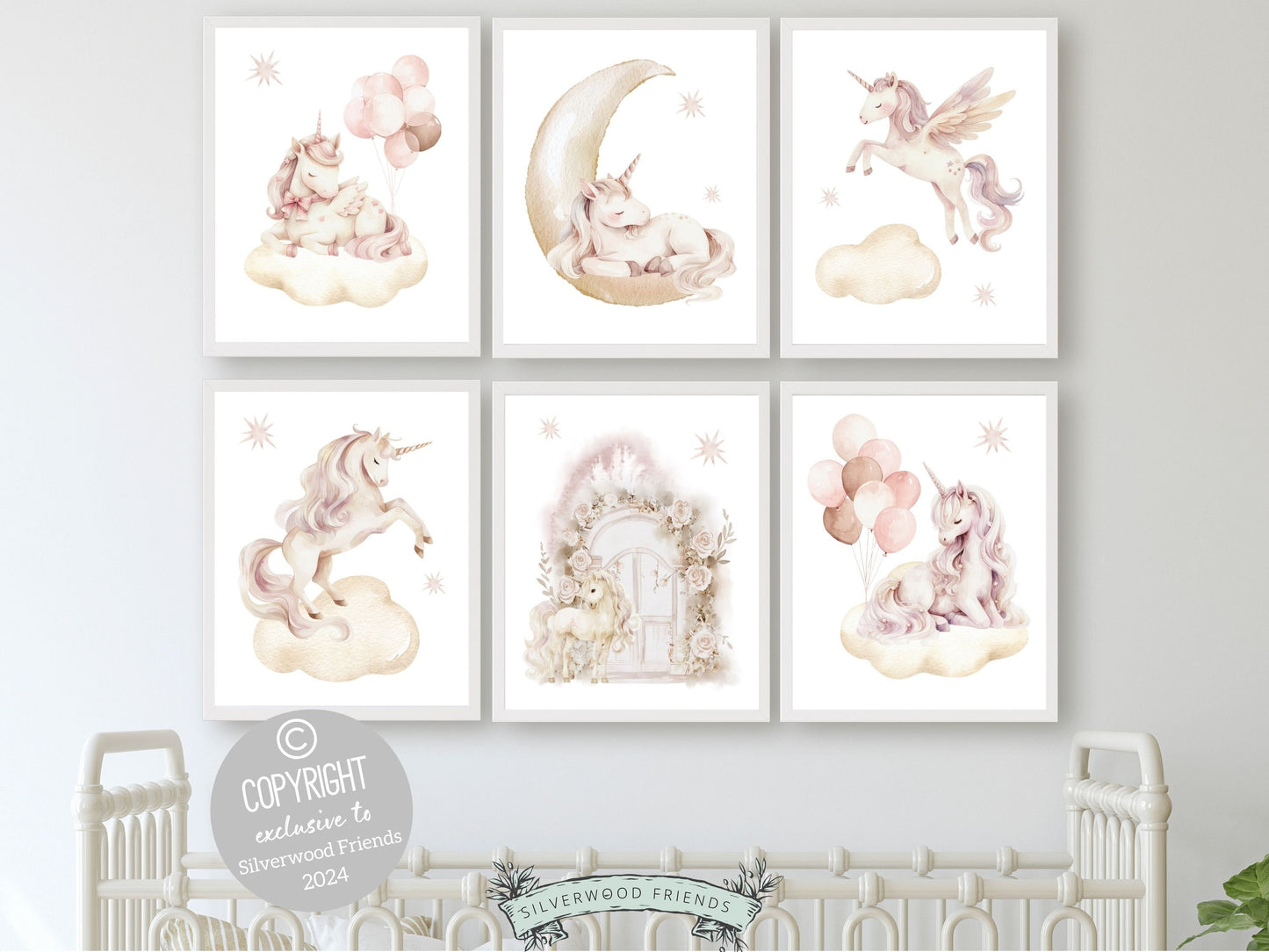 Set of 6 Unicorn Nursery Prints, featuring charming unicorns dancing amidst a dreamy starlit sky. Delight in the enchantment and add a touch of whimsy to your little ones space, or gift it as a unique baby shower gift.