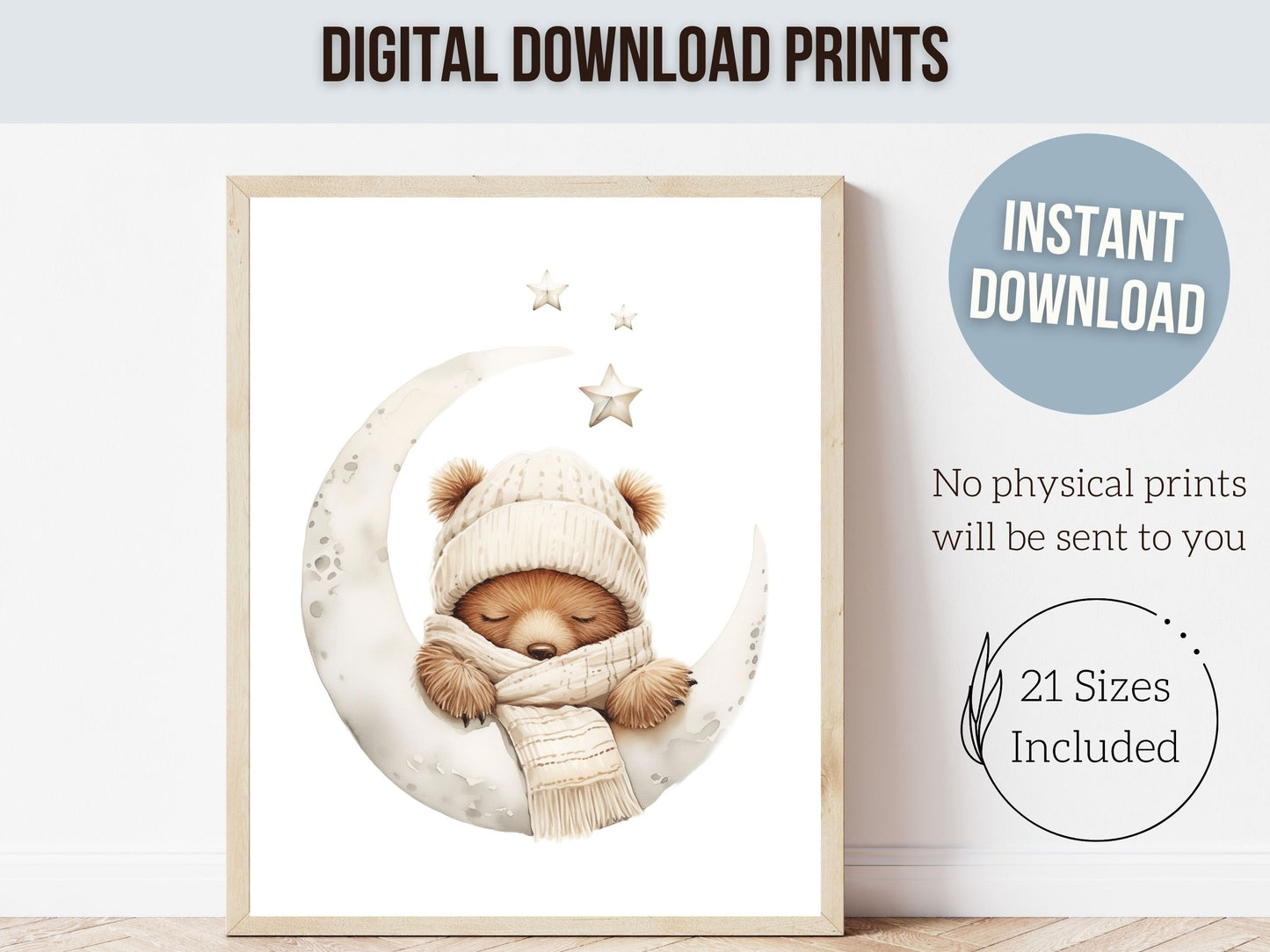 ORIGINAL Teddy Bear Nursery Prints, Teddy Bear Nursery Decor,Gender Neutral Brown Bear Nursery Wall Art,Celestial Star Nursery Digital Print