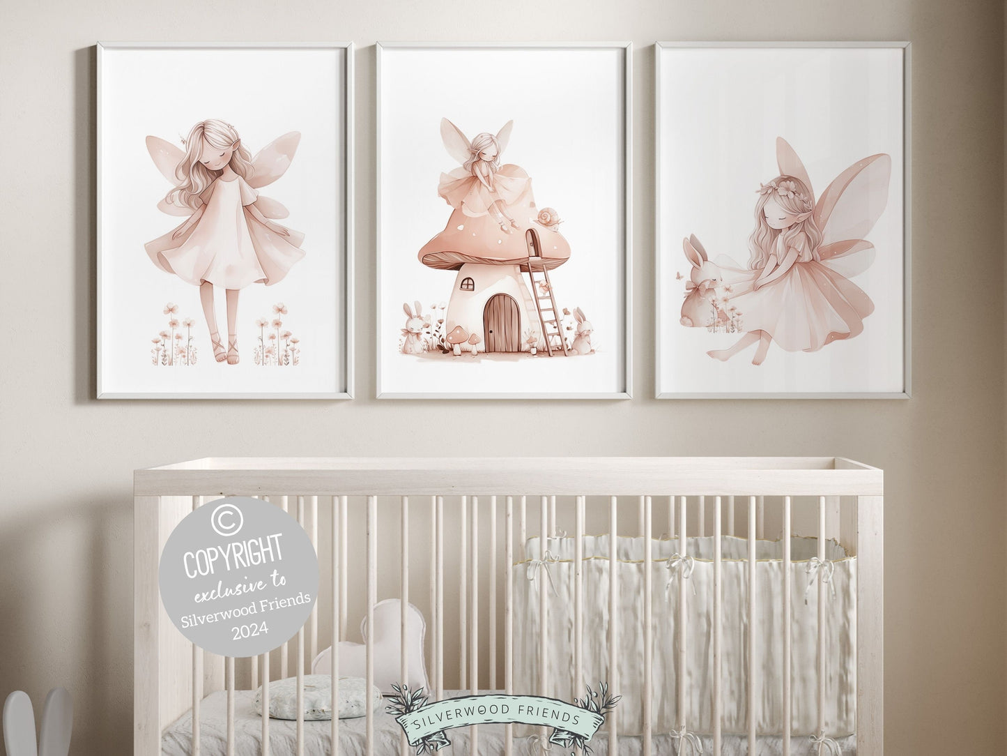Embrace the enchantment with our delightful Fairy Nursery Prints featuring fairies, fairy house, bunnies, and wildflowers, the perfect adornment for your baby girls nursery decor or a cherished baby shower gift guaranteed to enchant.