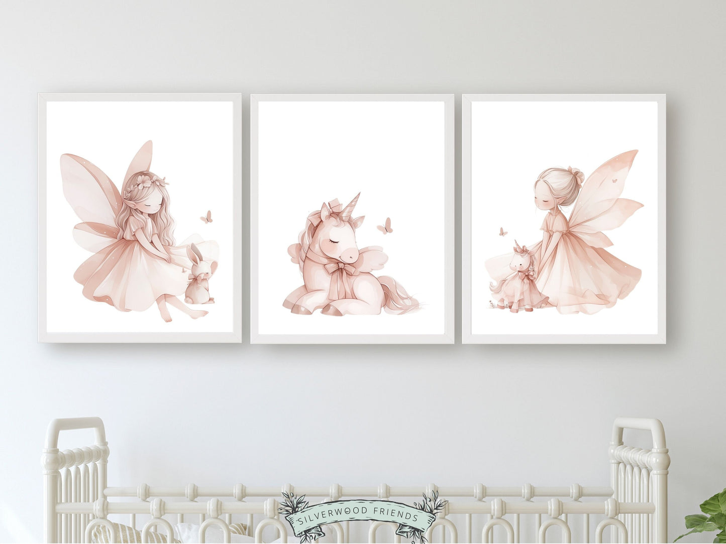 Fairytale Nursery Prints, Baby Girls Fairy Unicorn Nursery Print, Girls Pastel Pink Bunny Bedroom Decor, Fantasy Nursery Decor Digital Print