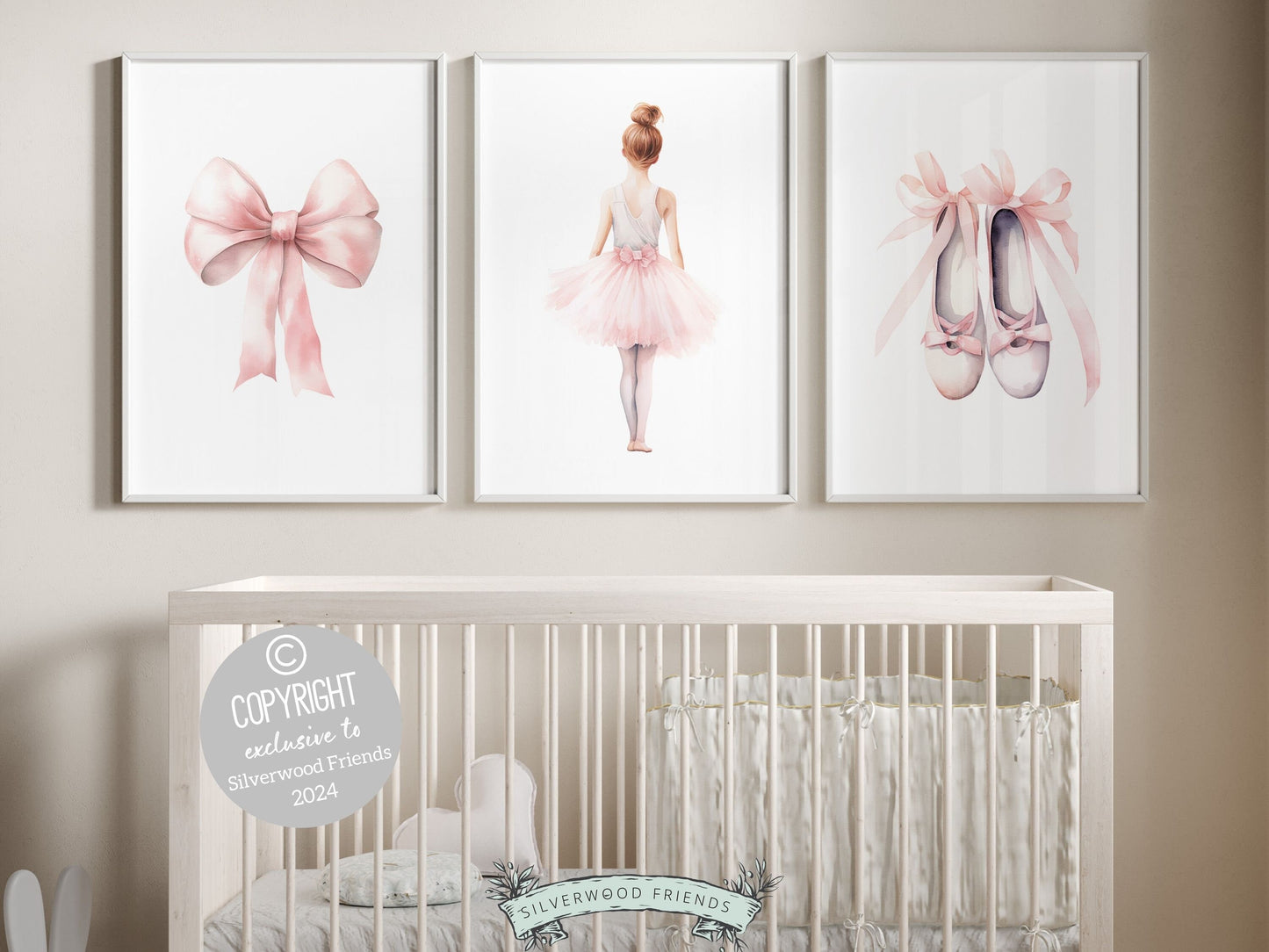 Set of 3 Ballet Nursery Prints featuring a ballerina, bow, and ballet slippers. Perfect for your ballet nursery decor these charming prints inspire imagination and foster a love for ballet, adding an elegant touch and dreams of graceful twirls.