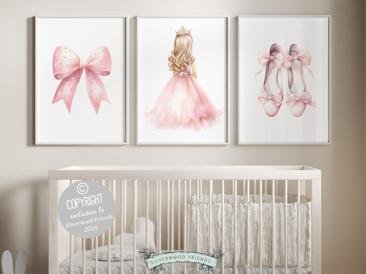Set of 3 Princess Ballet Nursery Prints showcasing a whimsical princess ballerina, delicate bow, and dainty ballet slippers. Infuse her space with a sprinkle of fairy tale magic, perfect for a ballet inspired nursery or a princess themed bedroom.