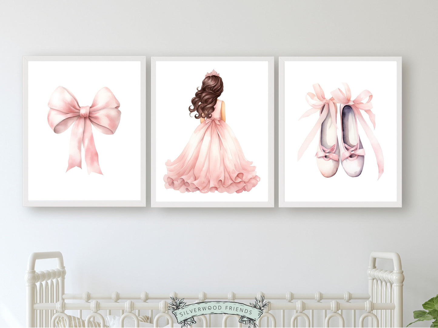 Set of 3 Princess Nursery Prints, showcasing a whimsical brunette princess ballerina, delicate bow, and dainty ballet slippers. 