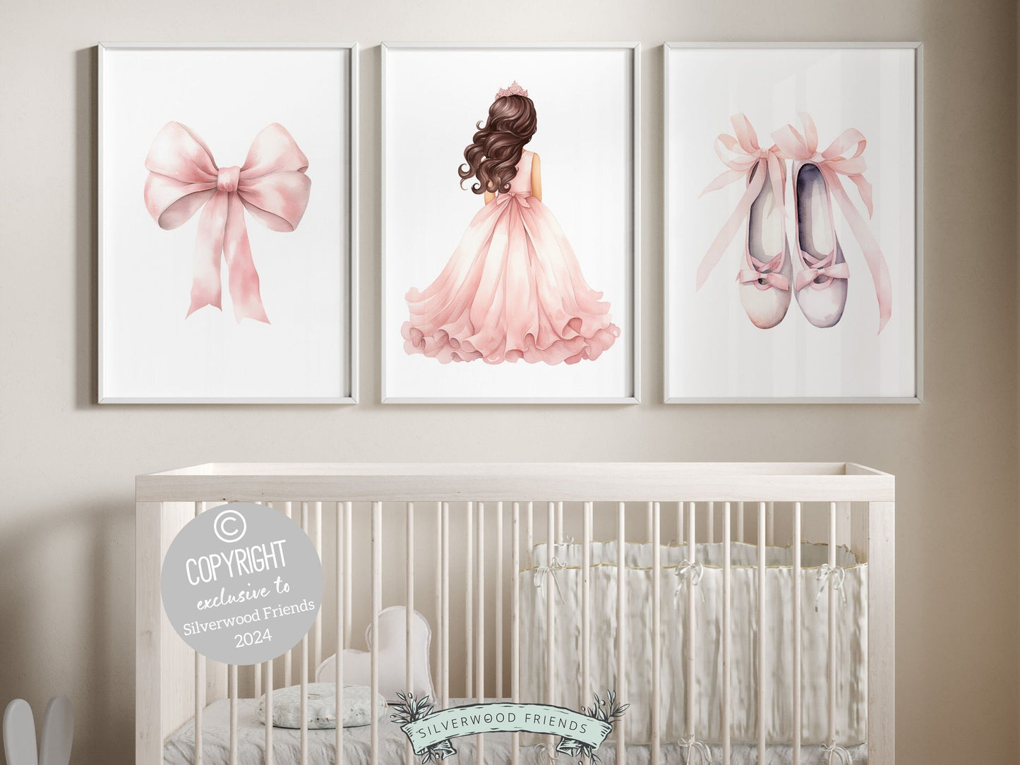 Set of 3 Princess Ballet Nursery Prints, showcasing a whimsical princess ballerina, delicate bow, and dainty ballet slippers. Infuse her space with a sprinkle of fairy tale magic, perfect for a ballet inspired nursery or a princess themed bedroom.