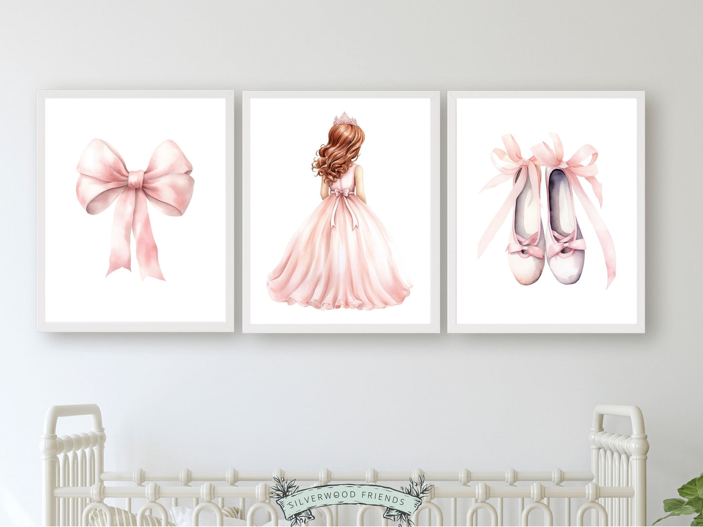 Set of 3 Princess Ballet Nursery Prints, showcasing a whimsical princess ballerina, delicate bow, and dainty ballet slippers.
