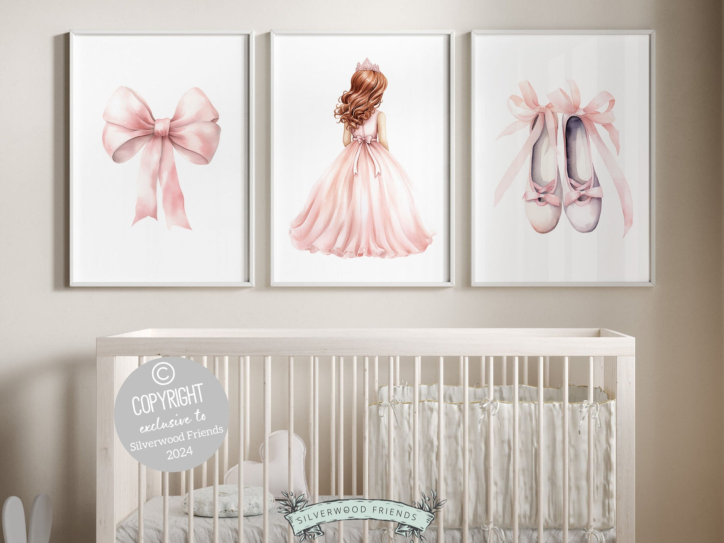 Set of 3 Princess Ballet Nursery Prints, showcasing a whimsical princess ballerina, delicate bow, and dainty ballet slippers. Infuse her space with a sprinkle of fairy tale magic, perfect for a ballet inspired nursery or a princess themed bedroom.