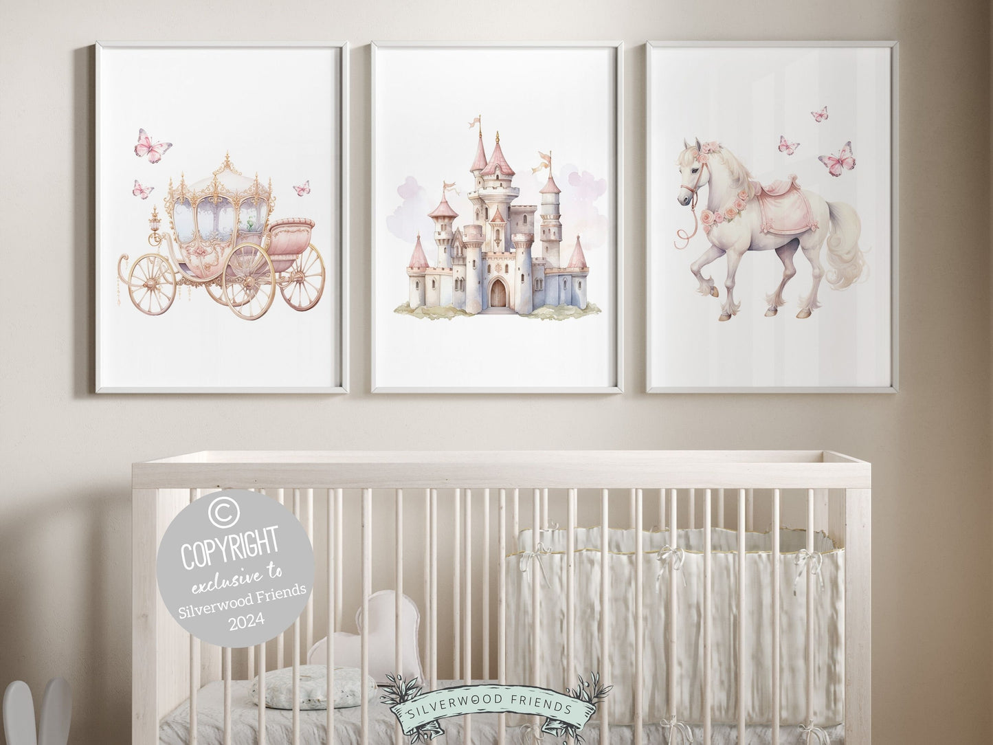 Set of 3 Princess Nursery Prints featuring a whimsical castle, majestic carriage, gallant horse and butterflies. Perfect for a princess themed bedroom these prints evoke dreams of graceful twirls adding a touch of magical charm to her space.