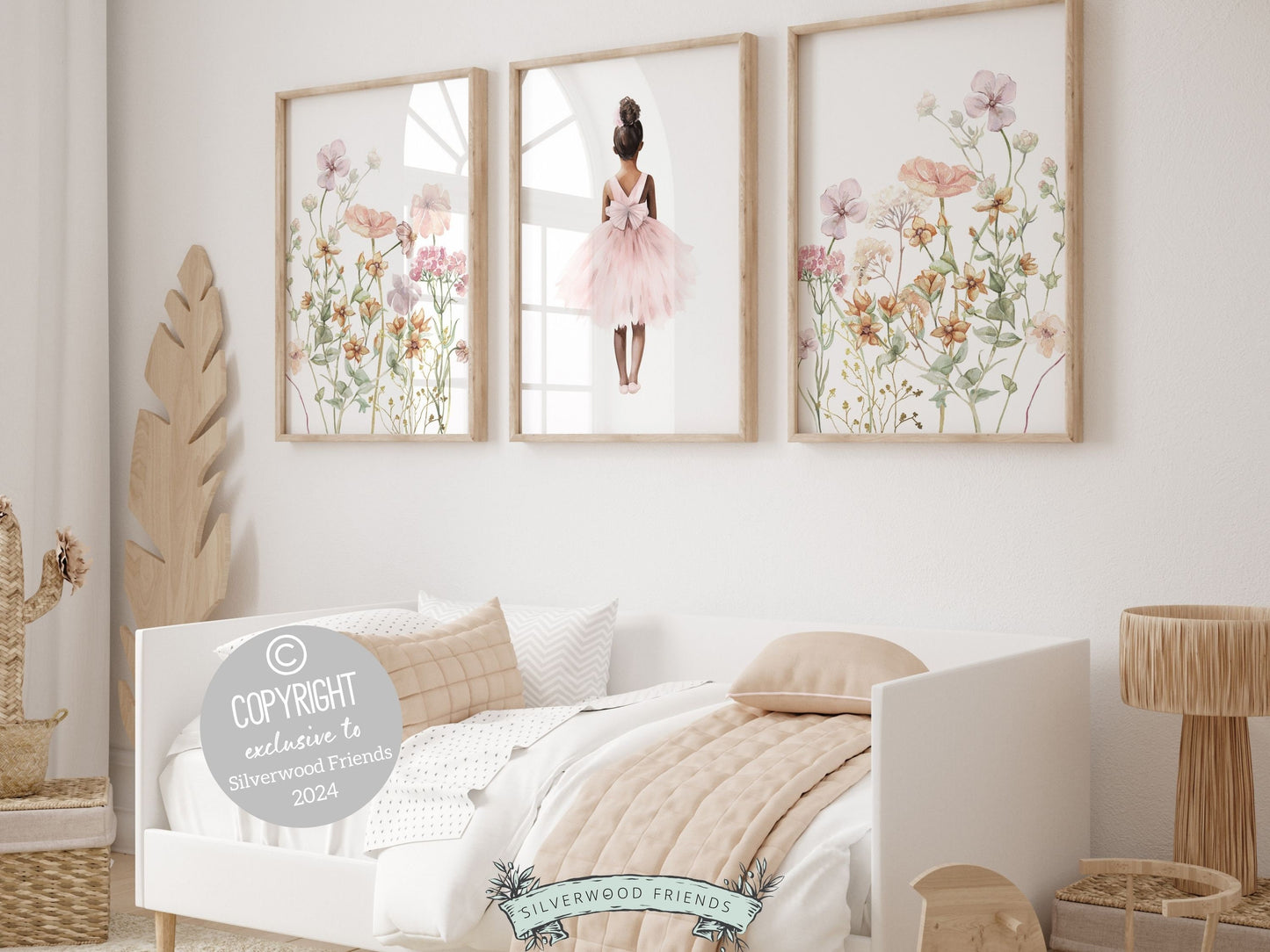 Baby Girl's Ballet Nursery Prints, African American Ballerina Wildflower Nursery Decor, Nursery Wall Art, Floral Bedroom Decor Digital Print