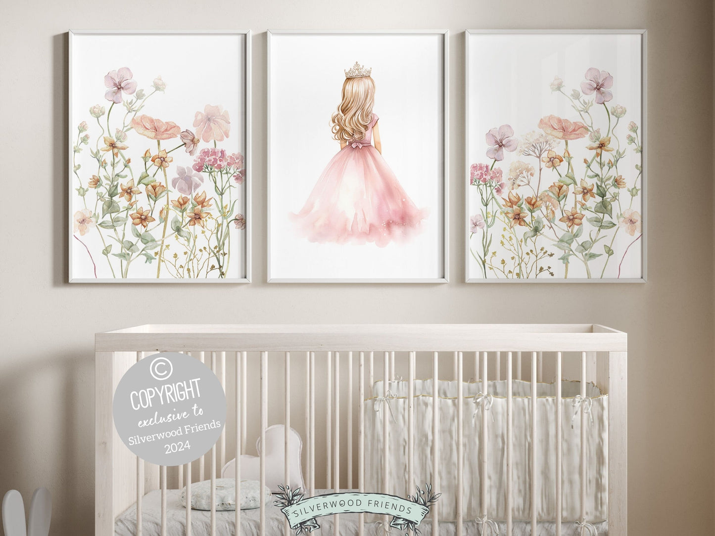 Set of 3 Princess Wildflower Nursery Prints, featuring a delicate princess and enchanting wildflowers. These prints add a touch of fairy tale charm to her space, igniting whimsical dreams with every glance. The perfect princess baby shower gift.