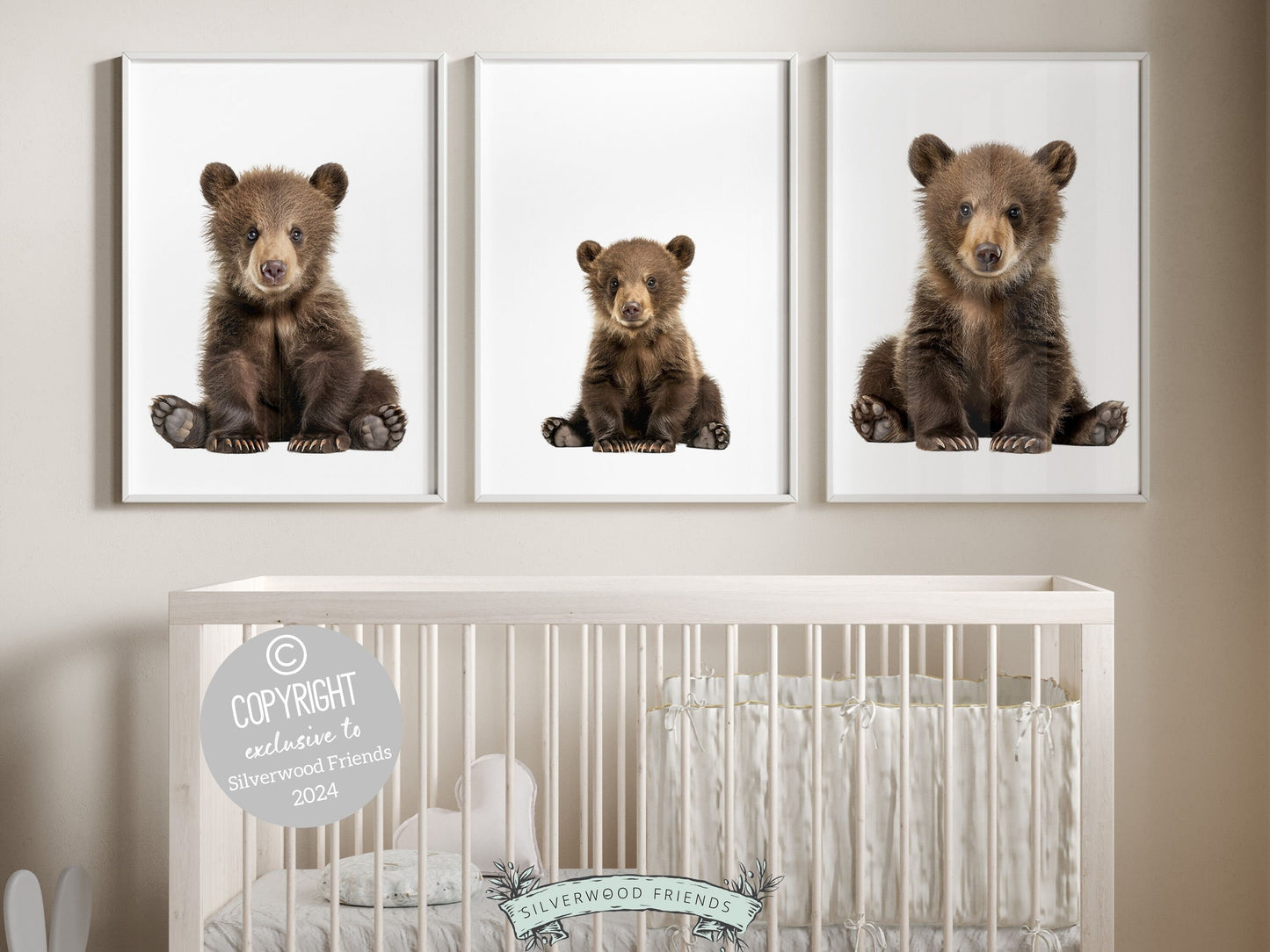 Set of 3 minimalist Bear Nursery Prints, showcasing a daddy, mommy, and baby brown bear. Perfect for your woodland nursery decor, these charming prints promise to infuse enchantment and also make an unforgettable baby shower gift.