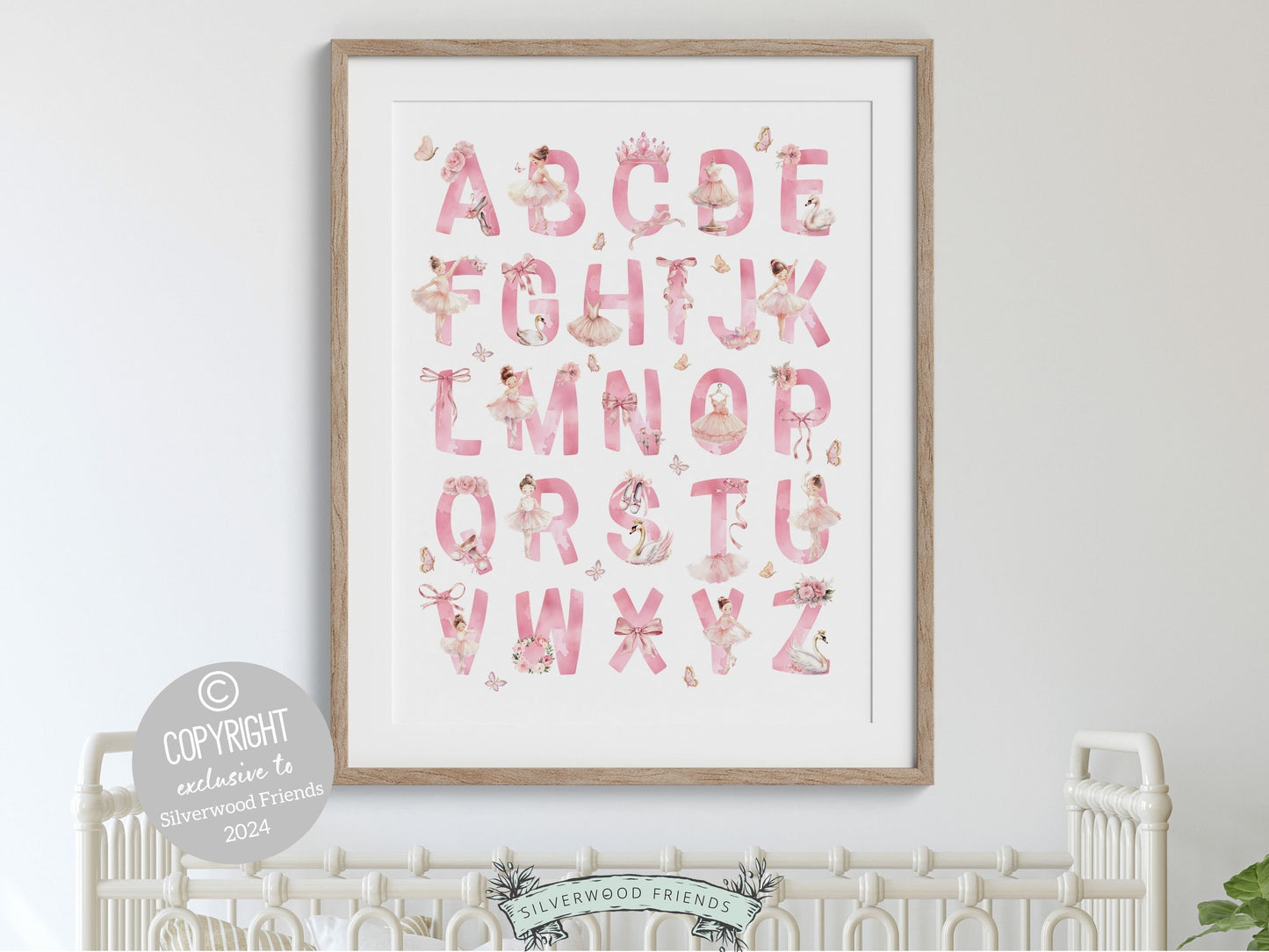 Ballet Alphabet Print, showcasing watercolor ballerinas and ballet elements for an engaging educational experience. Perfect for your ballet nursery decor or as a unique baby shower gift, it complements our best selling ballet nursery prints.