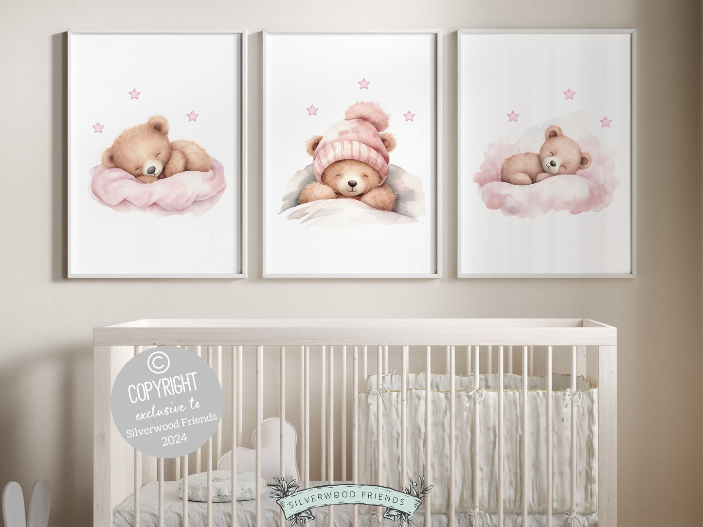Set of 3 Teddy Bear Nursery Prints showcasing adorable sleeping teddy bears under pink stars. Whether accenting your baby girls nursery decor or delighting expecting parents these charming prints promise to bring warmth and sweetness to any space.