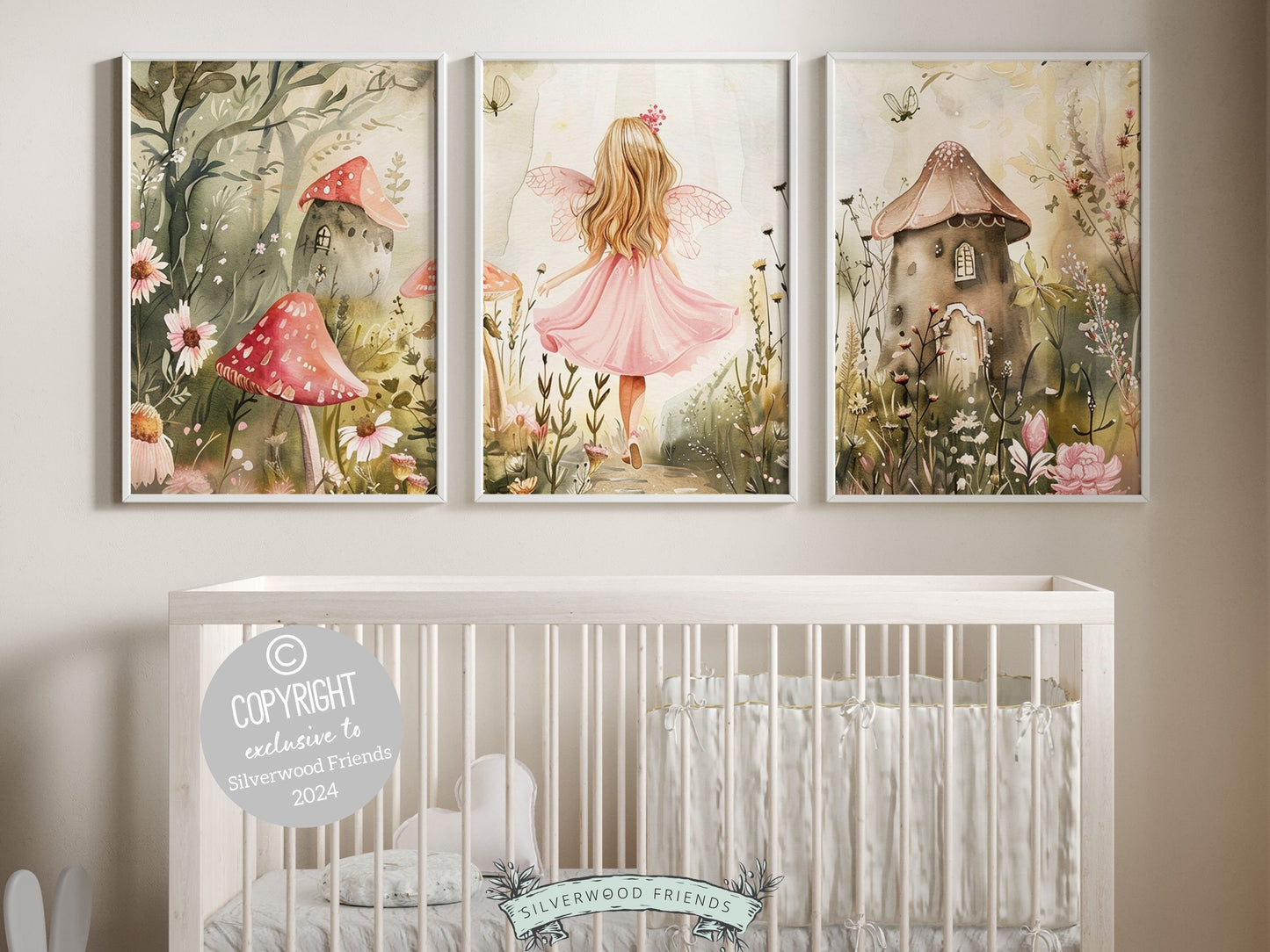 Our gorgeous Wildflower Fairy Nursery Prints with delicate watercolor fairy, mushrooms, butterflies and wildflowers is perfect for your baby girls wildflower nursery decor or fairy theme bedroom and also makes a lovely baby shower gift.