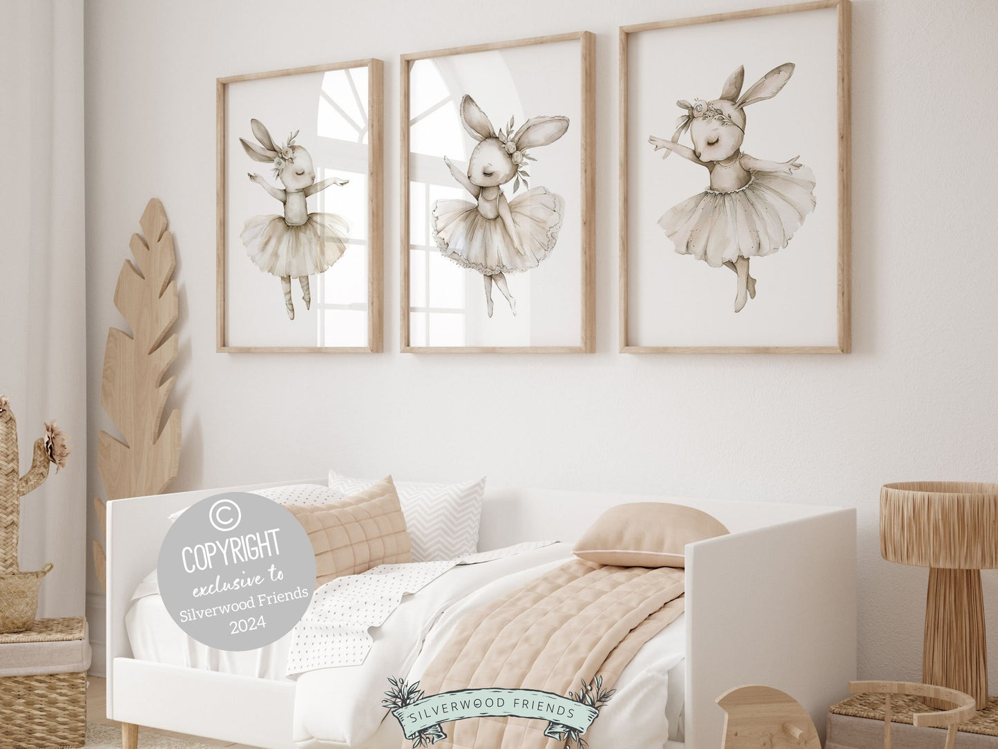 Bunny Ballet Nursery Prints showcasing adorable dancing ballerina bunny rabbits with floral crowns. Perfect for adding a touch of magic to your little girls ballet themed nursery decor and as a unique baby shower gift.