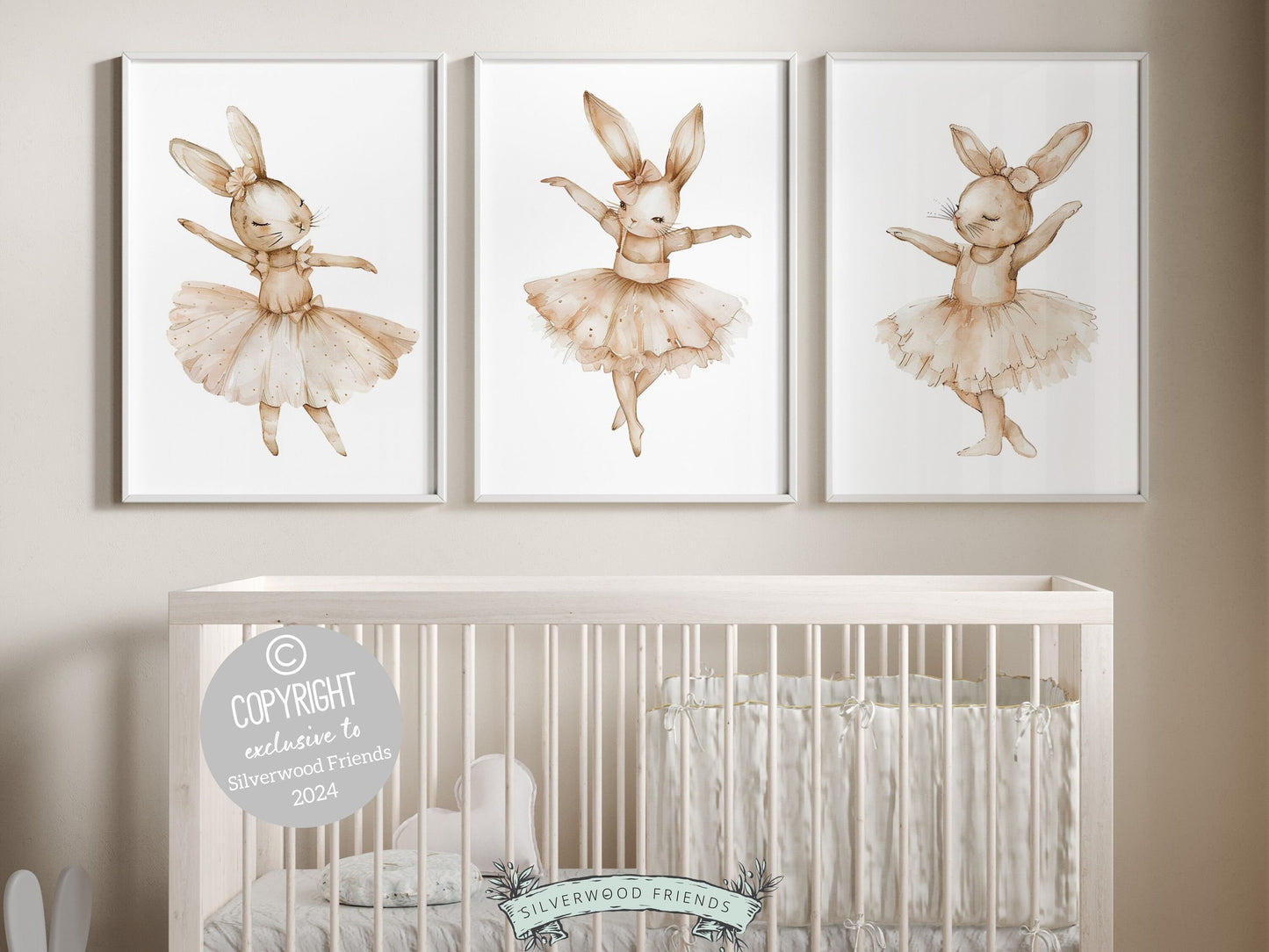 Bunny Ballet Nursery Prints showcasing adorable dancing ballerina bunny rabbits. Perfect for adding a touch of magic to your little girls ballet themed nursery decor these charming prints also make for an enchanting and one-of-a-kind baby shower gift