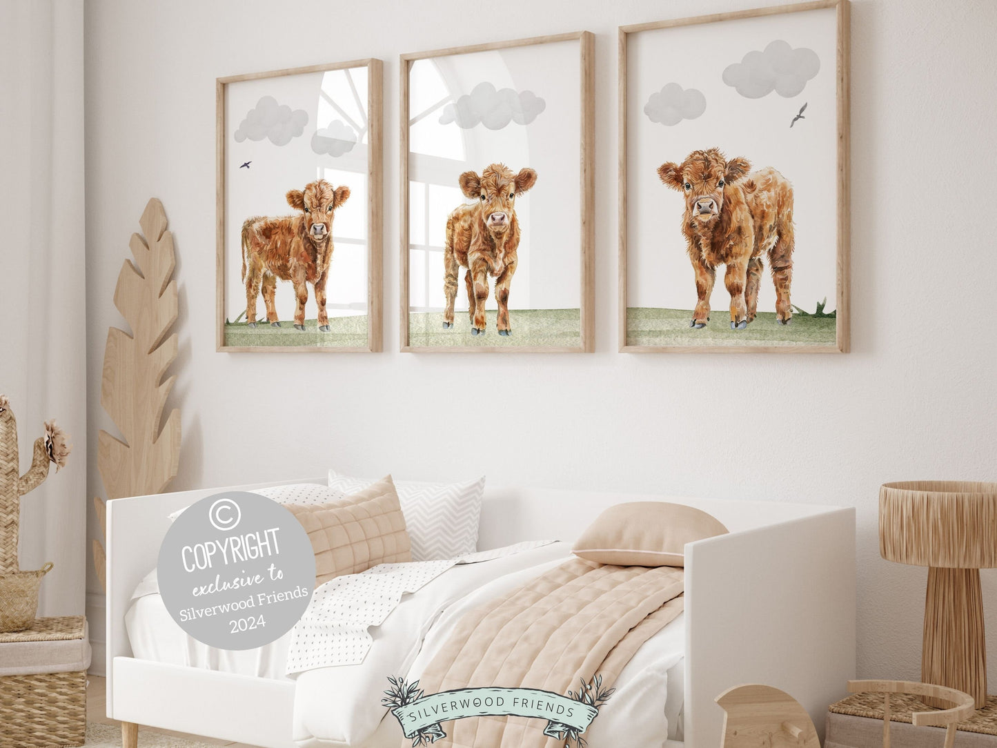 ORIGINAL Set of 3 Highland Cow Nursery Prints showcases adorable baby highland cows grazing under fluffy clouds, perfect for adding a touch of farm charm to your nursery decor. This unique set also makes a delightful and memorable baby shower gift.