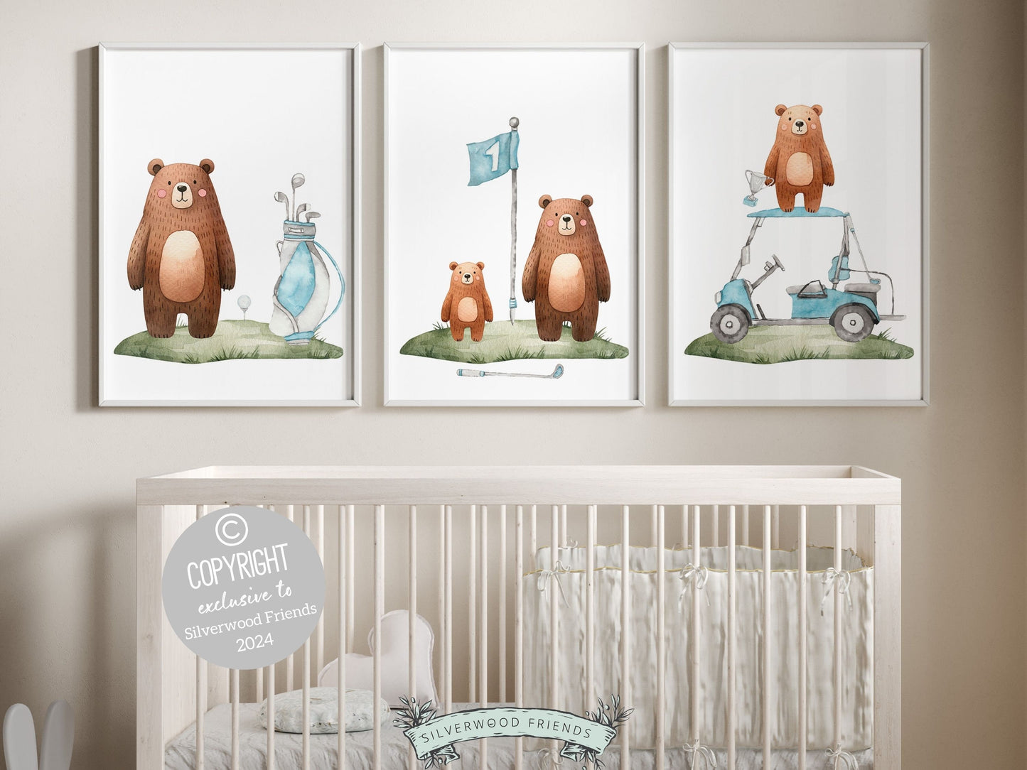 Set of 3 Golf Nursery Prints, featuring woodland bears including and blue golf items, making it the perfect addition for both a sports themed nursery and woodland nursery decor. These prints also make a unique baby shower gift for a little golfer.