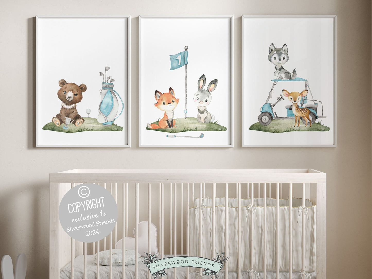 Golf Nursery Prints, featuring woodland animals and blue golf items, making it the perfect addition for both a sports themed nursery and woodland nursery decor. These prints also make a unique baby shower gift for a little golfer