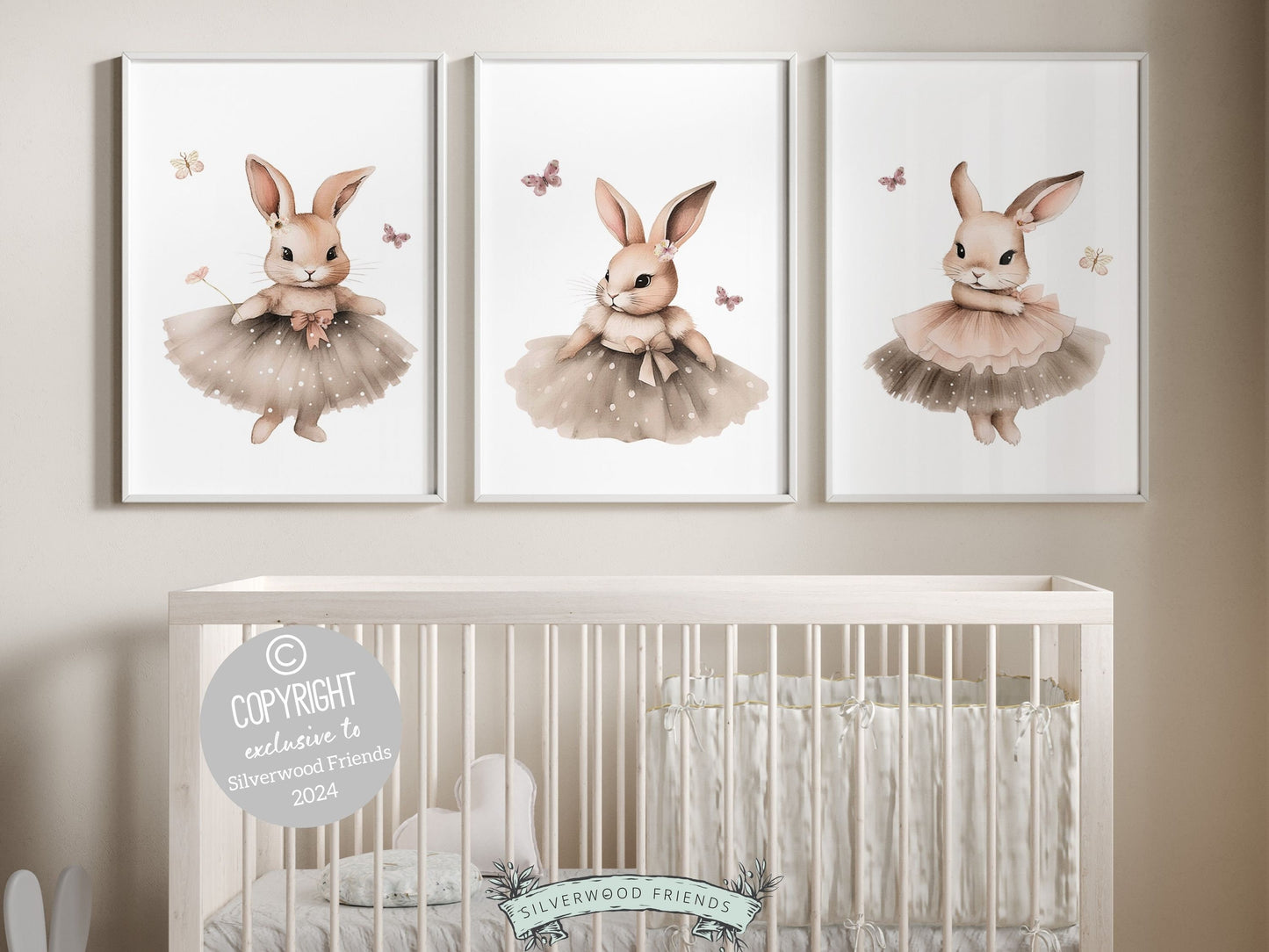 Our gorgeous Bunny Ballet Nursery Prints with watercolor bunny rabbits, wildflowers and butterflies in a calming neutral color pallette, is perfect for your little girls nursery decor and also makes a unique baby shower gift.