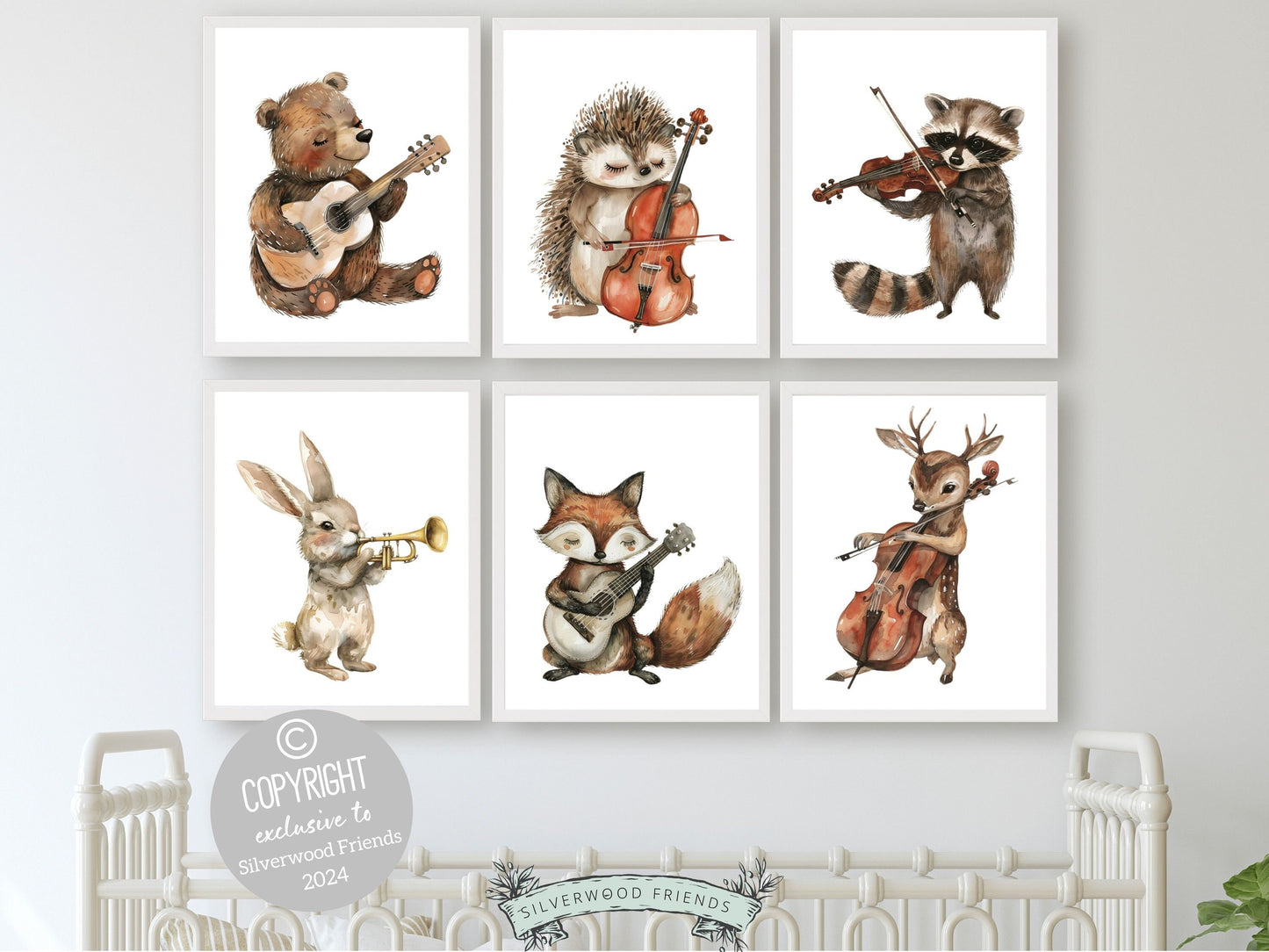 Woodland Musical Animal Nursery Prints, Woodland Music Nursery Decor, Woodland Animals Playing Instruments Nursery Wall Art Digital Print