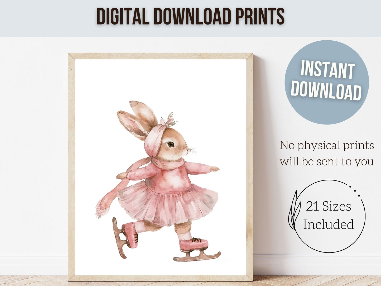 Baby Girl's Bunny Nursery Prints, Figure Skating Print, Ballerina Bunny Nursery Decor, Ice Skating Gift Girls Sport Room Decor Digital Print