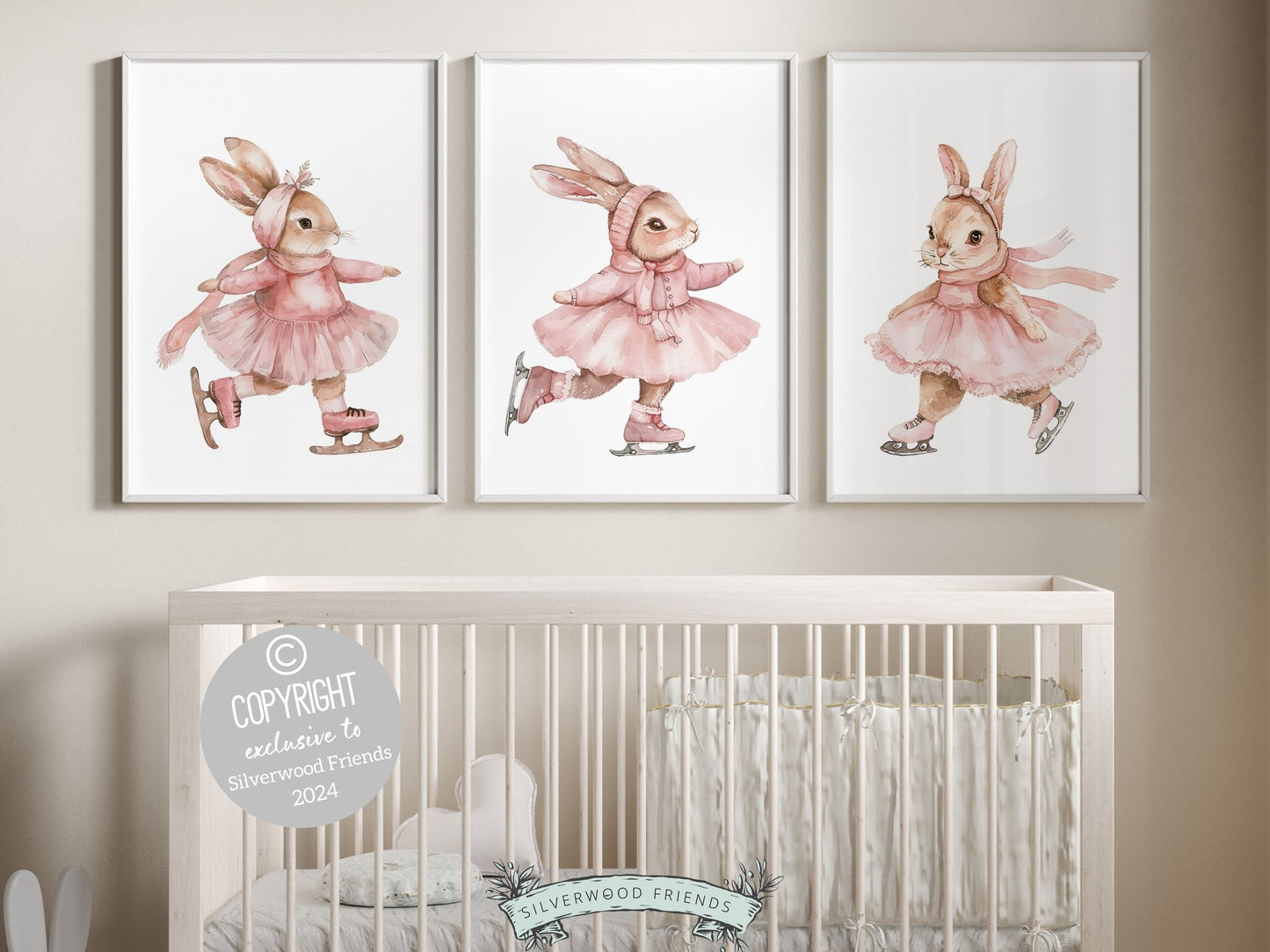 Adorn your little girls nursery with our gorgeous Figure Skating Bunny Nursery Prints Set of 3, featuring charming ice skating bunny rabbits. This unique and original artwork also makes a delightful baby shower gift for future figure skaters!