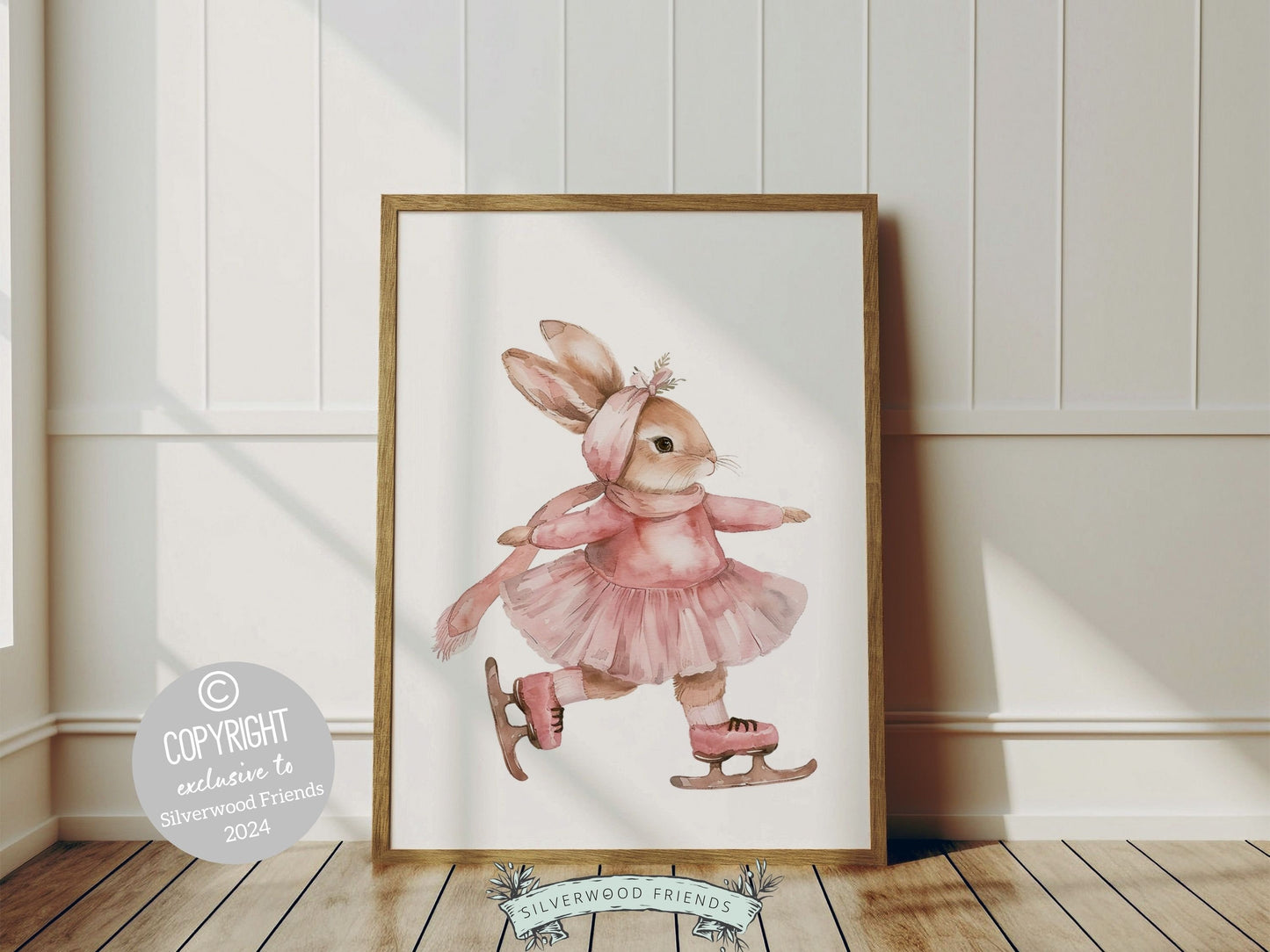 Baby Girl's Bunny Nursery Prints, Figure Skating Print, Ballerina Bunny Nursery Decor, Ice Skating Gift Girls Sport Room Decor Digital Print