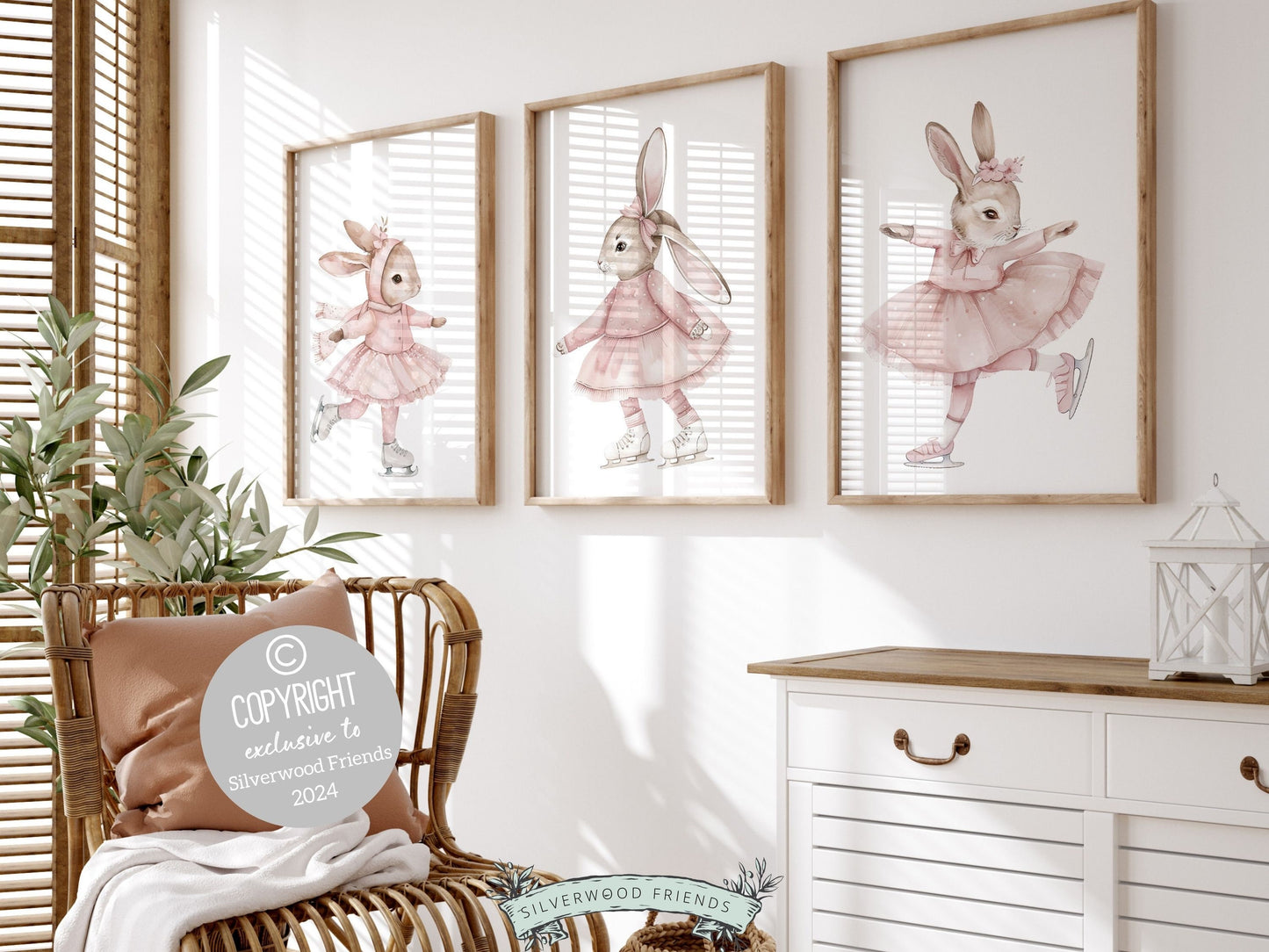 Adorn your little girls nursery with our gorgeous Figure Skating Bunny Nursery Prints Set of 3, featuring charming pale pink ice skating bunny rabbits. This original artwork also makes a delightful baby shower gift for future figure skaters!