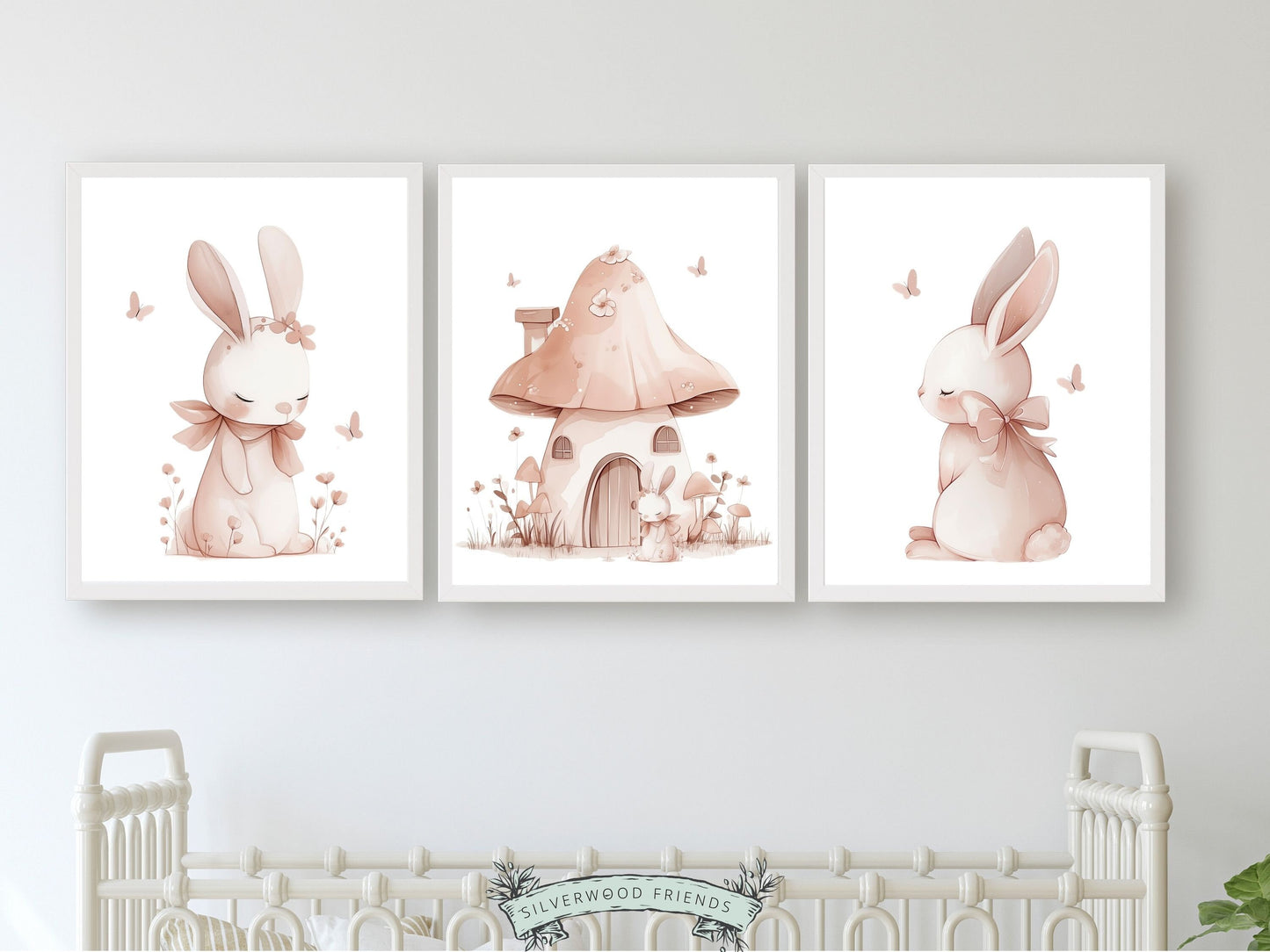Bunny Nursery Prints, Floral Bunny Fairytale Nursery Wall Art, Wildflower Fantasy Nursery Decor, Baby Girl Blush Pink Nursery Digital Prints