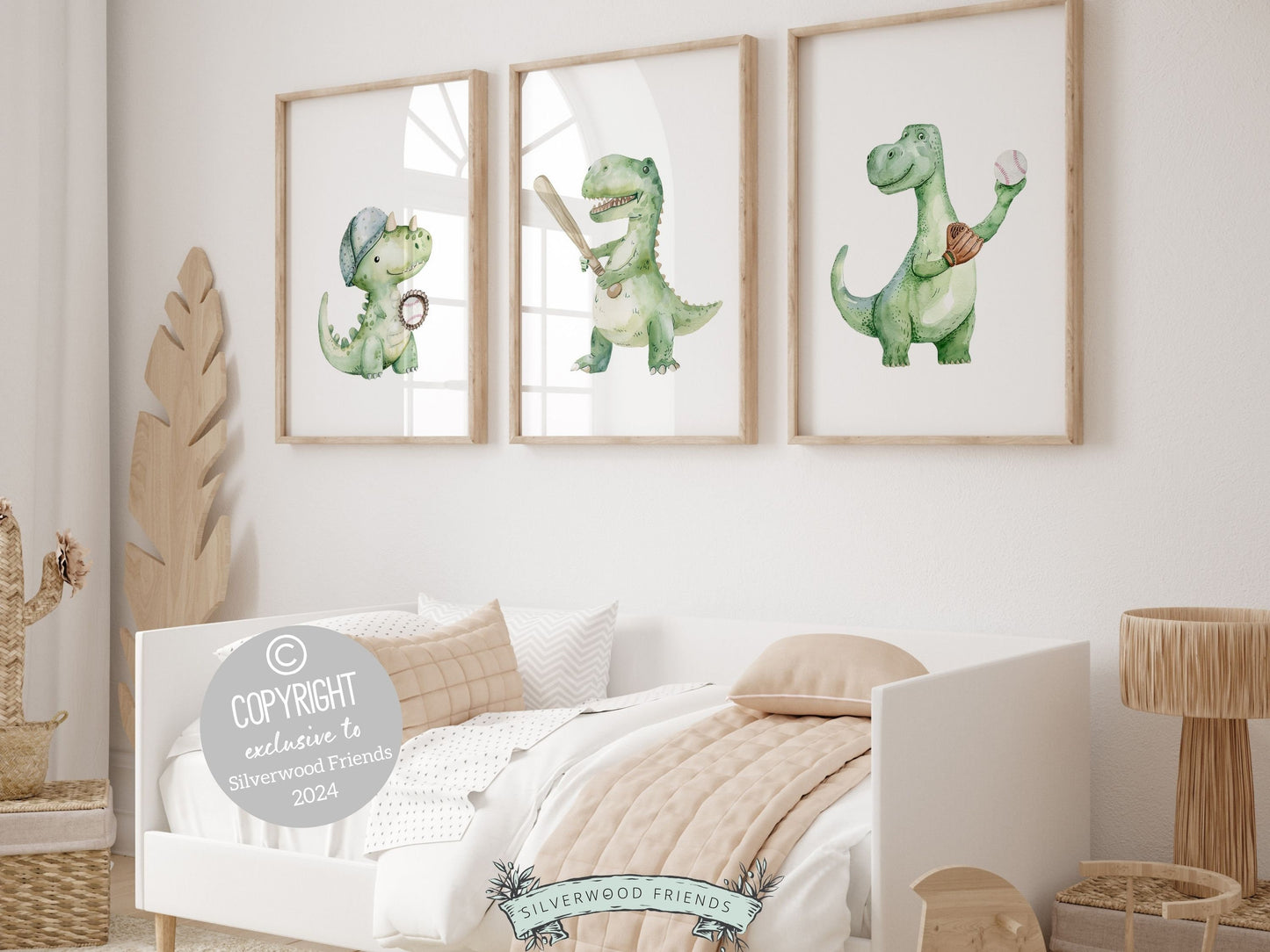 Dinosaur Baseball Nursery Prints, featuring green watercolor dinosaurs playing baseball. Our ORIGINAL print set is perfect for your sport nursery decor or dinosaur theme bedroom and also makes a unique baby shower gift.