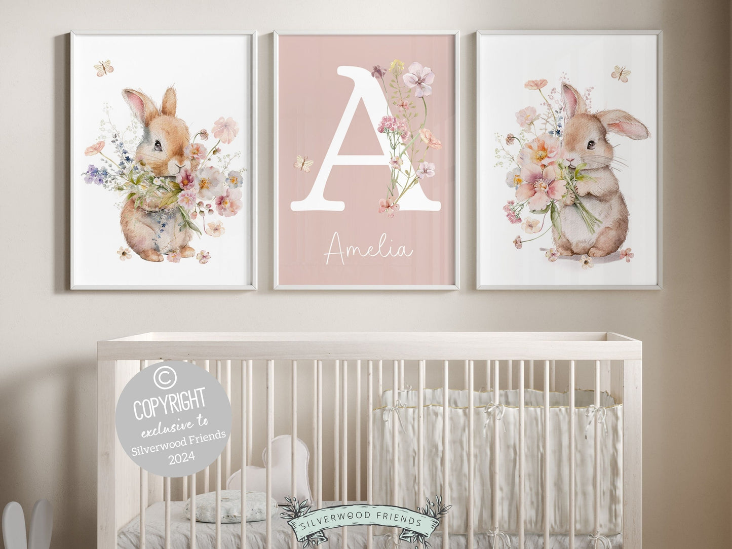 Our gorgeous custom Bunny Nursery Prints with watercolor bunny rabbits, wildflowers and butterflies, are perfect as custom nursery name prints for your new baby or as a unique baby shower gift.