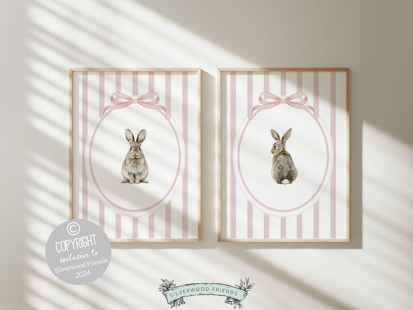 Bunny Nursery Print Set of 2, Bunny Rabbit Nursery Wall Art, Baby Girl Woodland Nursery Decor, Baby Girl Floral Bunny Nursery Digital Print